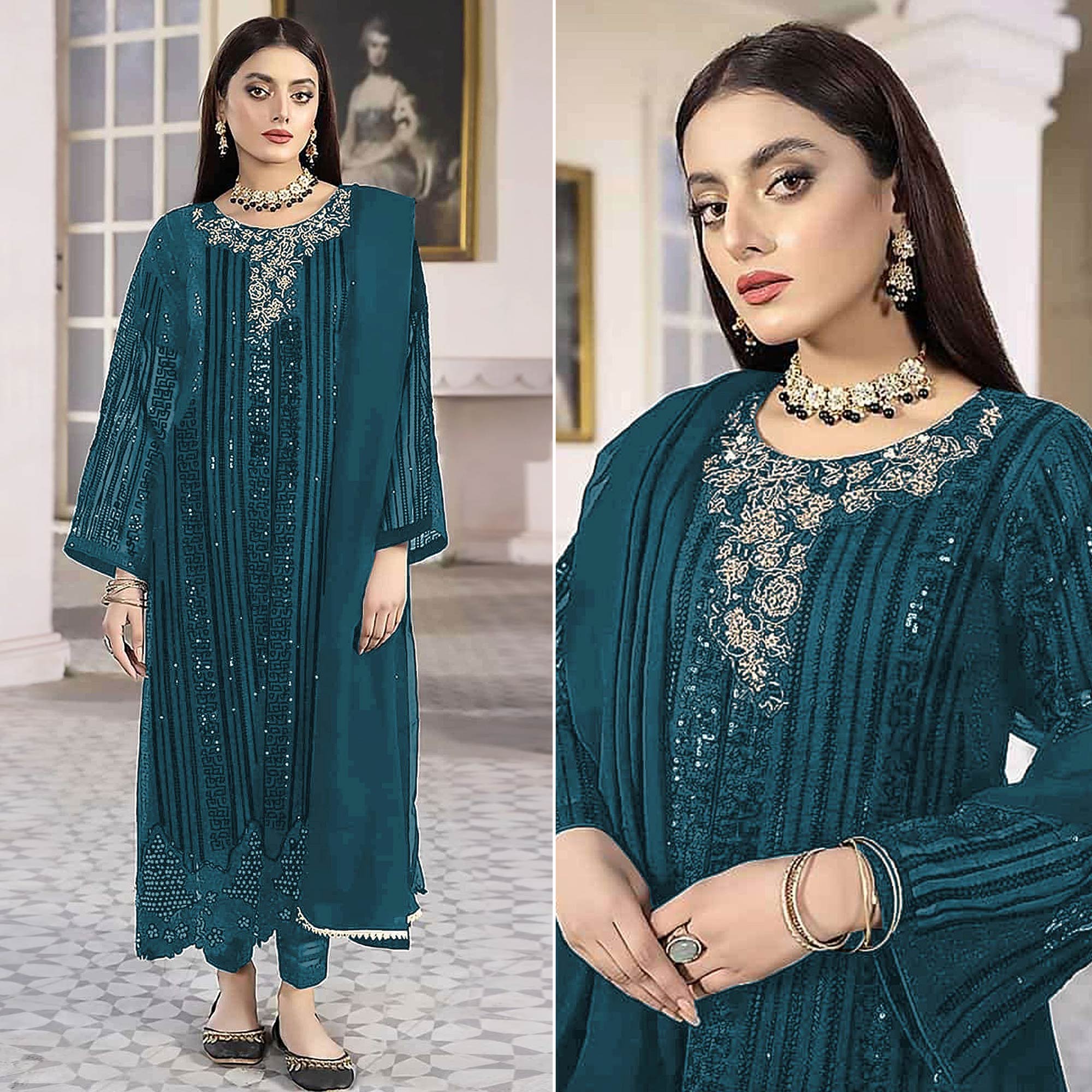 Teal Blue Sequins Embroidered Georgette Pakistani Suit