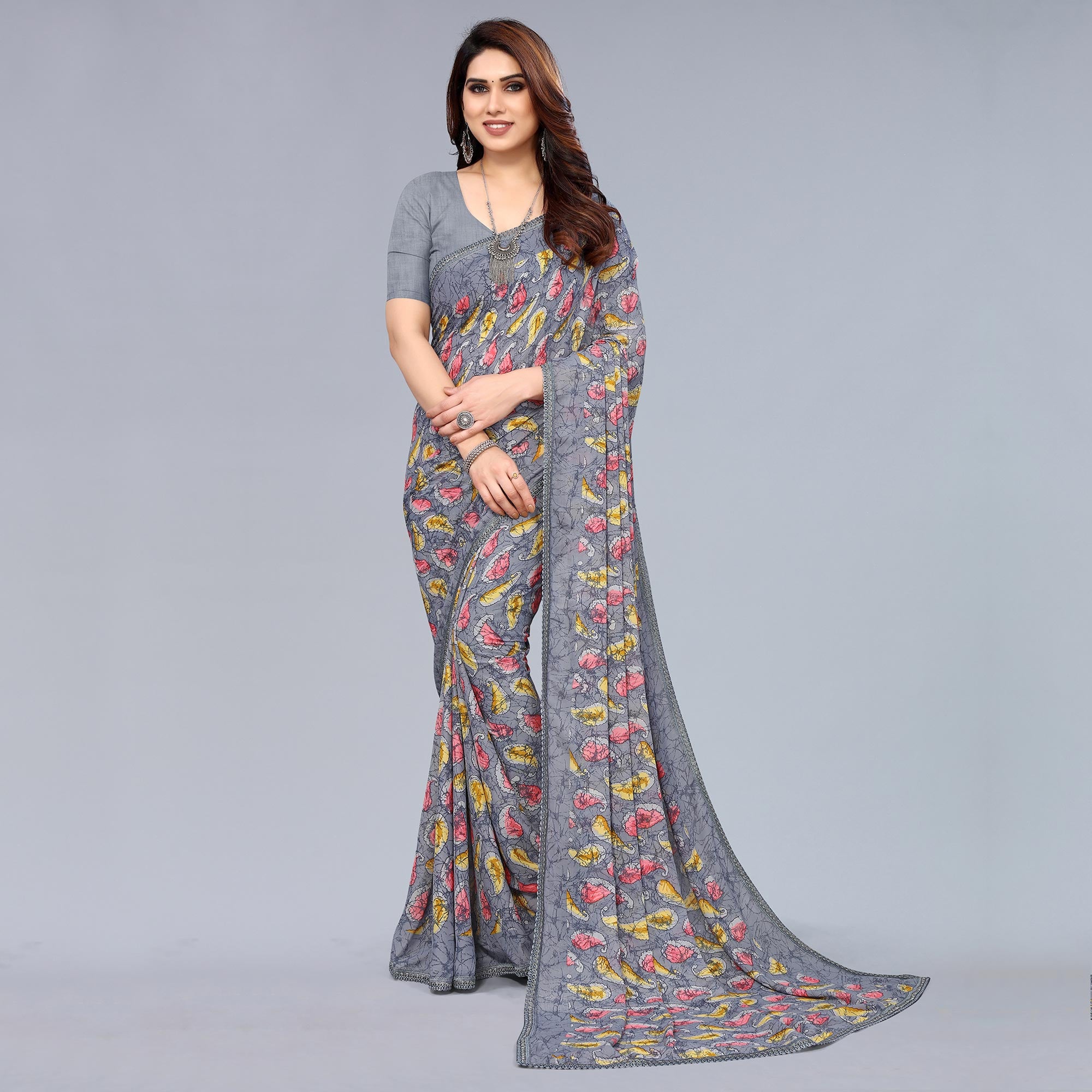 Grey Printed Georgette Saree With Crochet Border