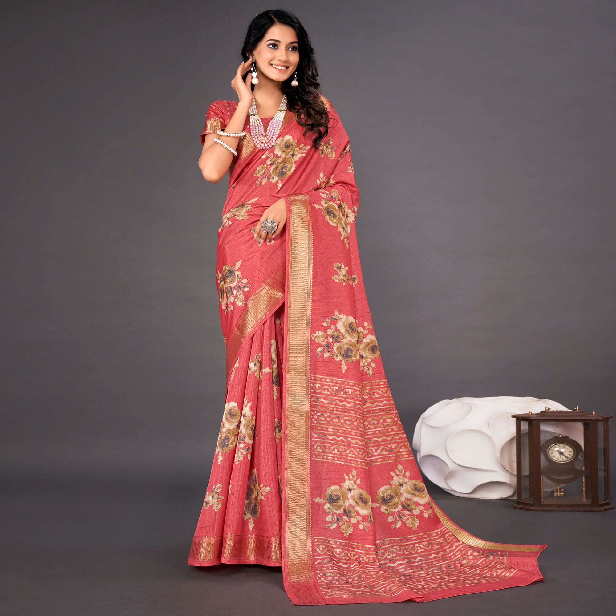 Pink Floral Printed Dola Silk Saree