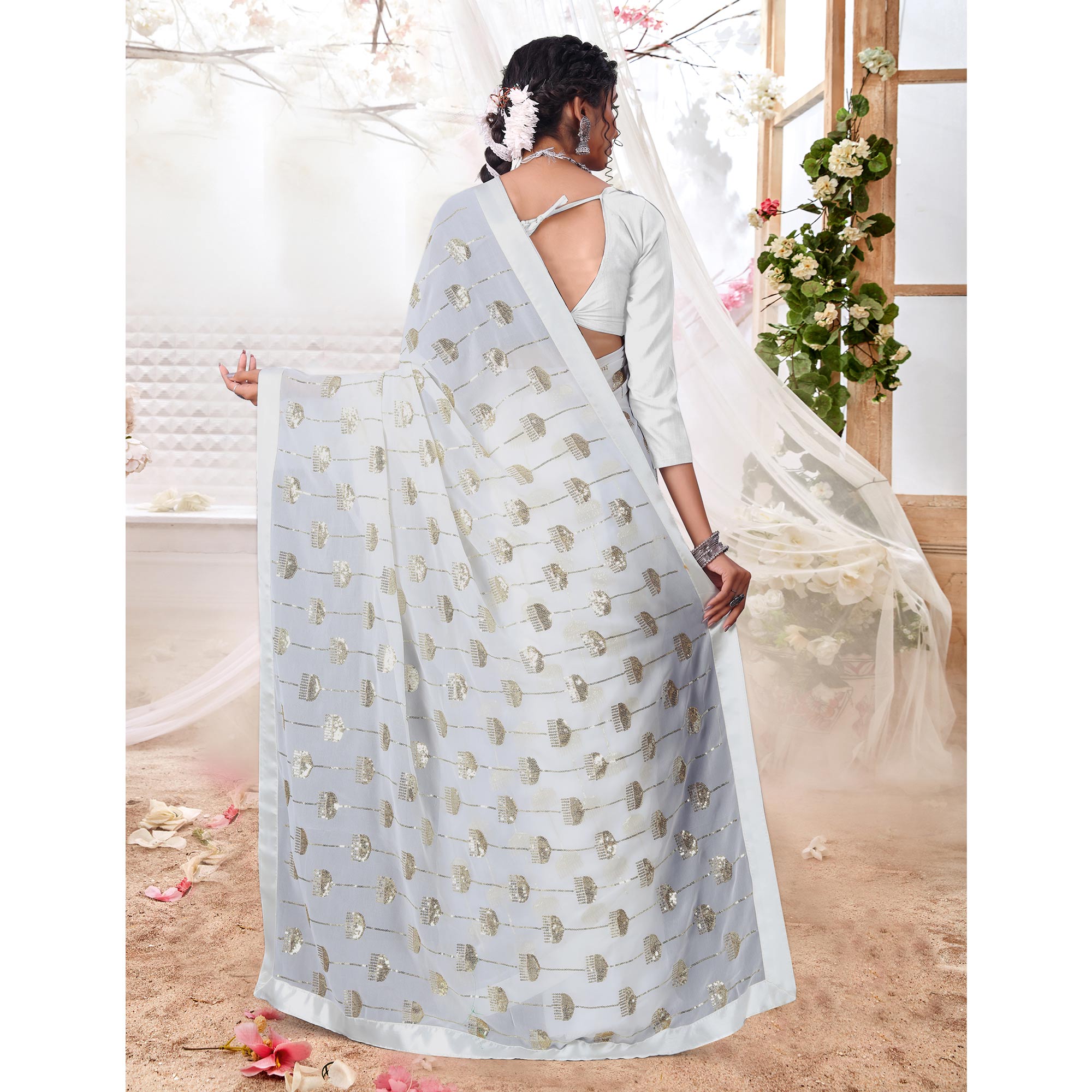 White Sequins Embroidered Georgette Saree