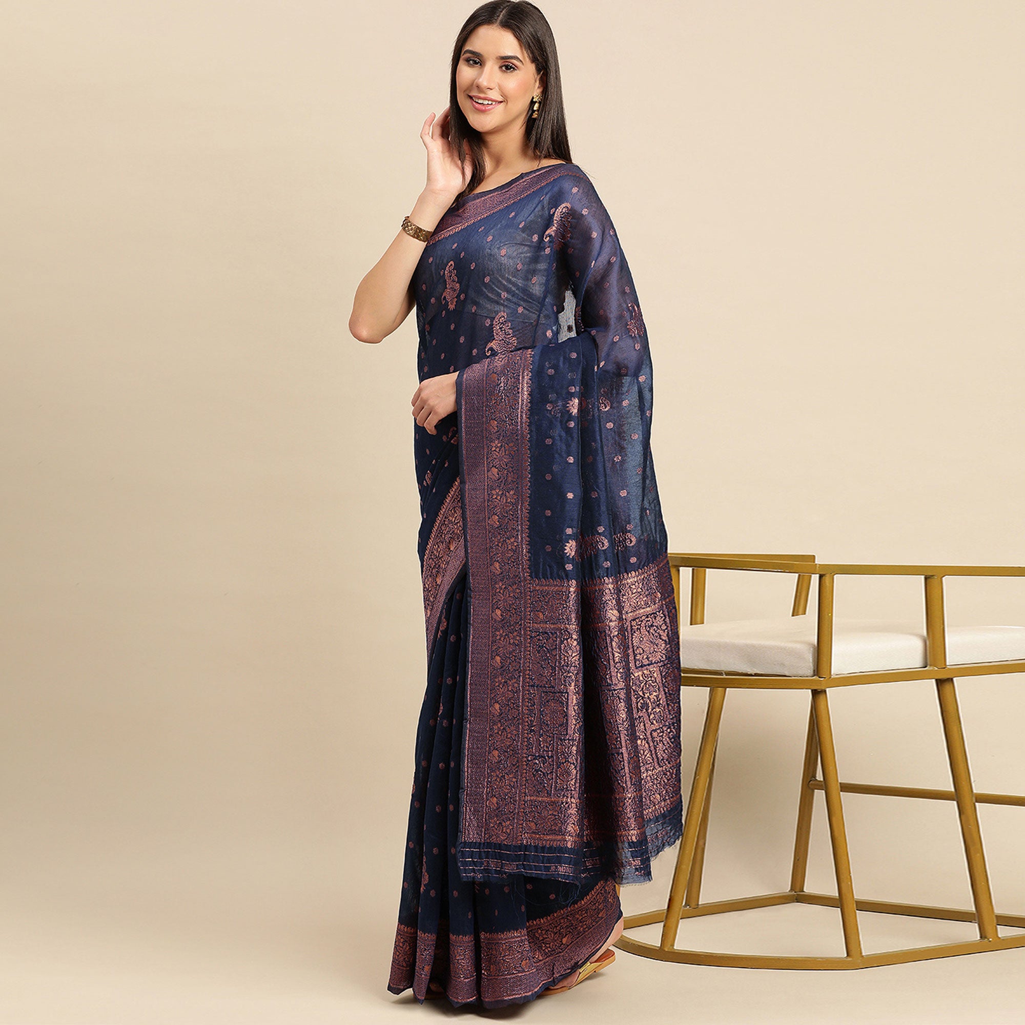 Navy Blue Woven Organza Saree