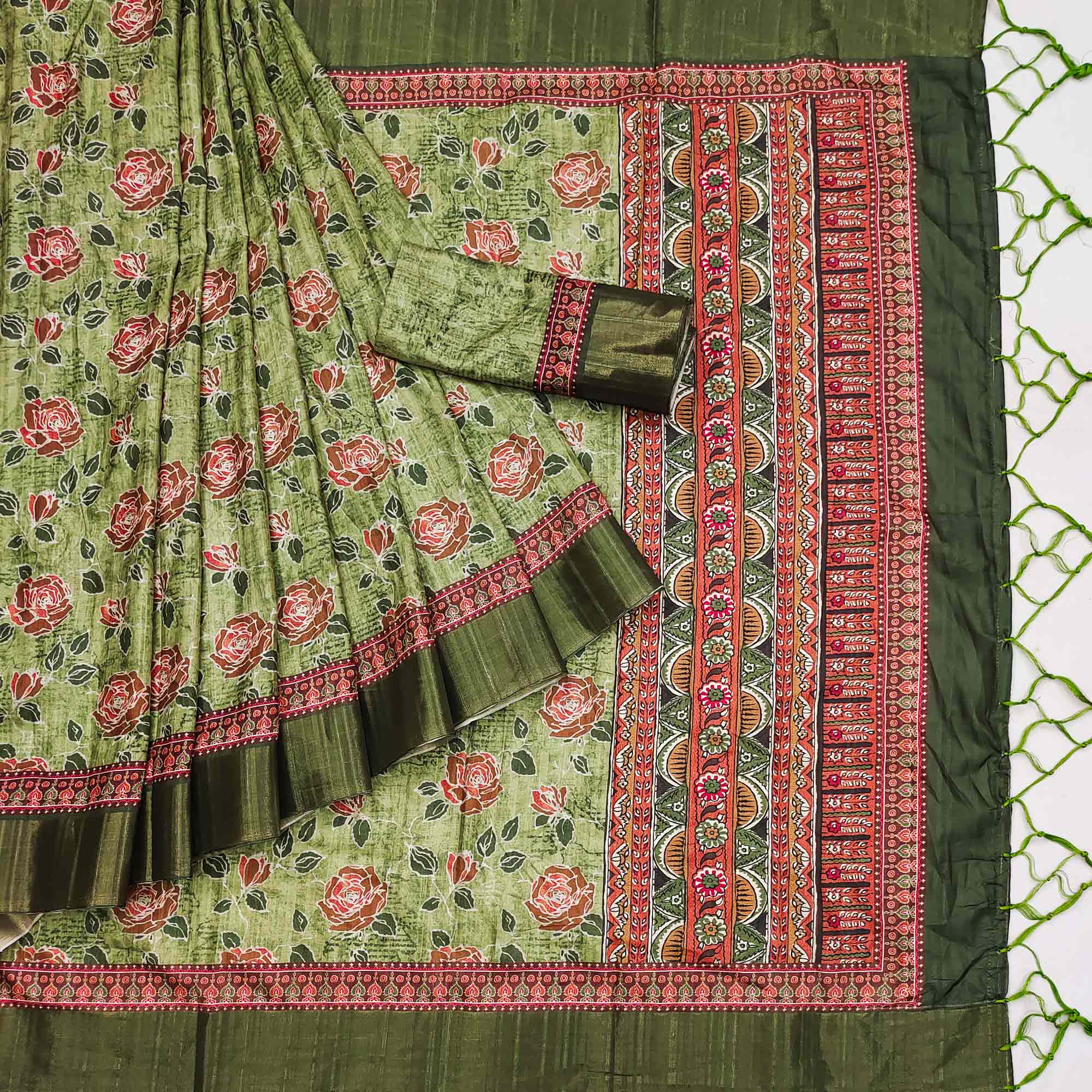 Green Floral Printed Matka Tussar Saree With Tassels