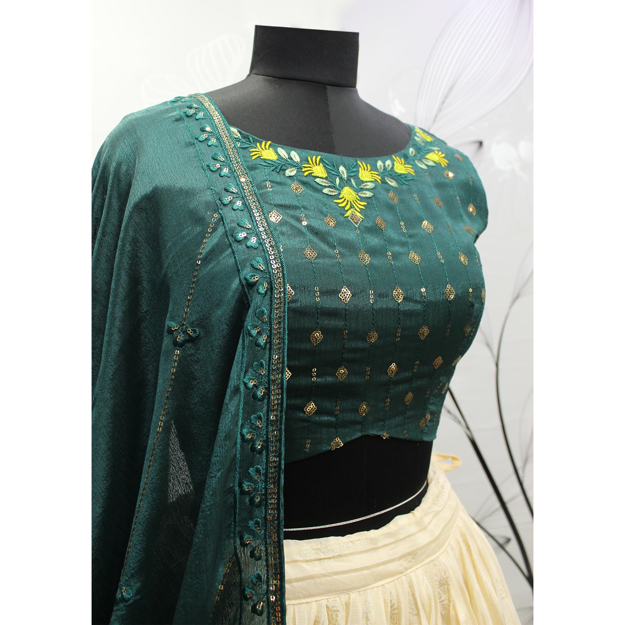 Cream Foil Printed Chiffon Lehenga Choli