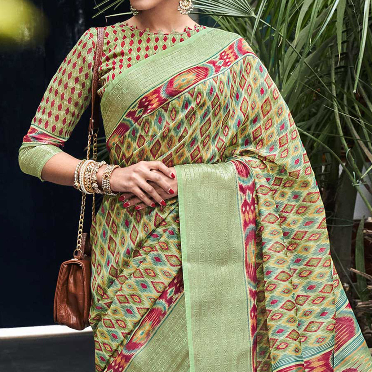 Mint Green Digital Printed Linen Saree