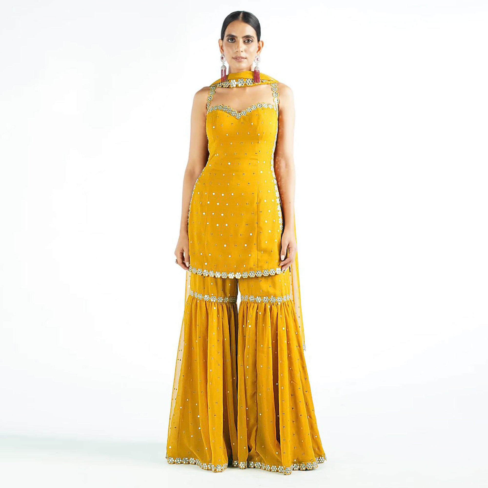 Yellow Sequins Embroidered Georgette Sharara Suit