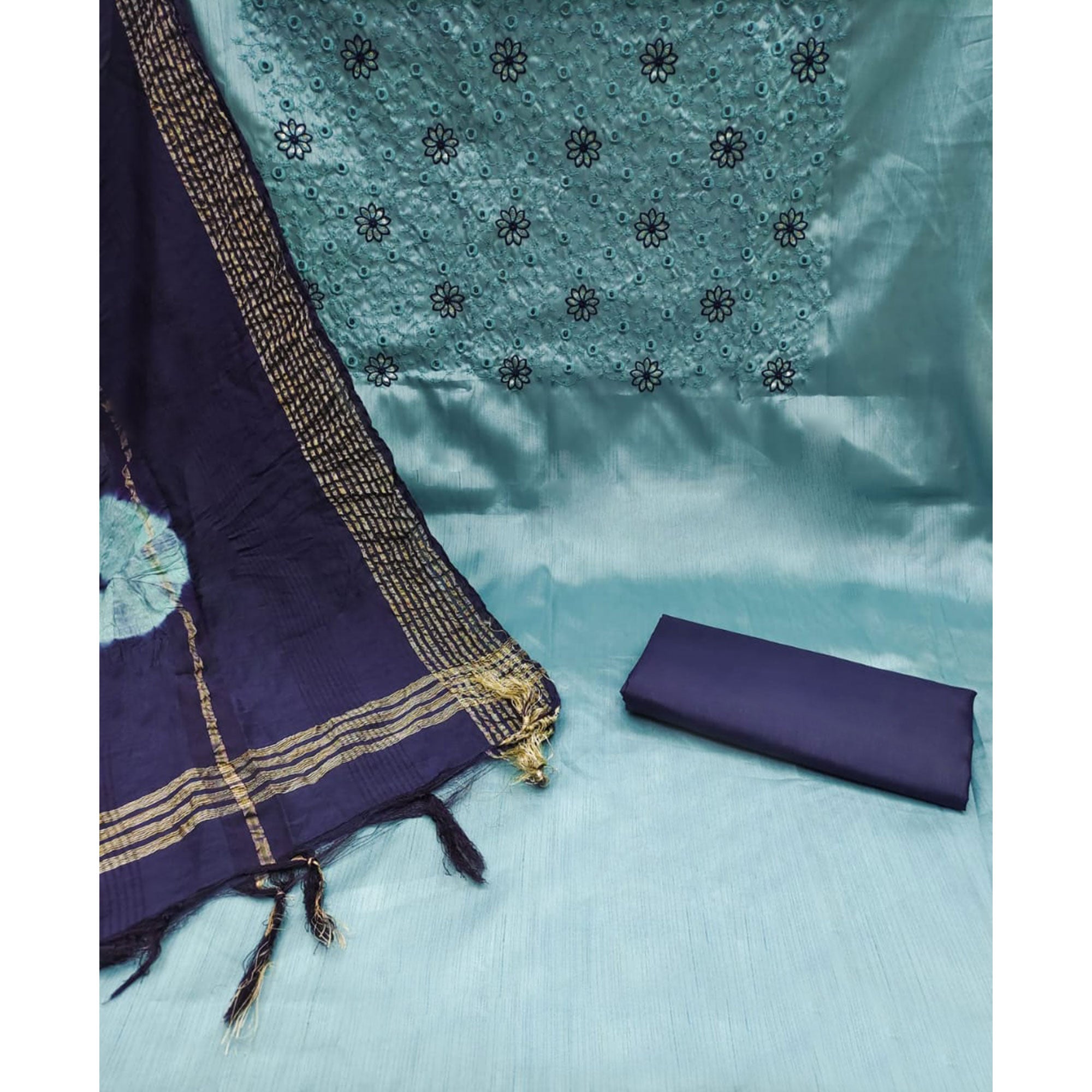 Blue Embroidered Raw Silk Dress Material
