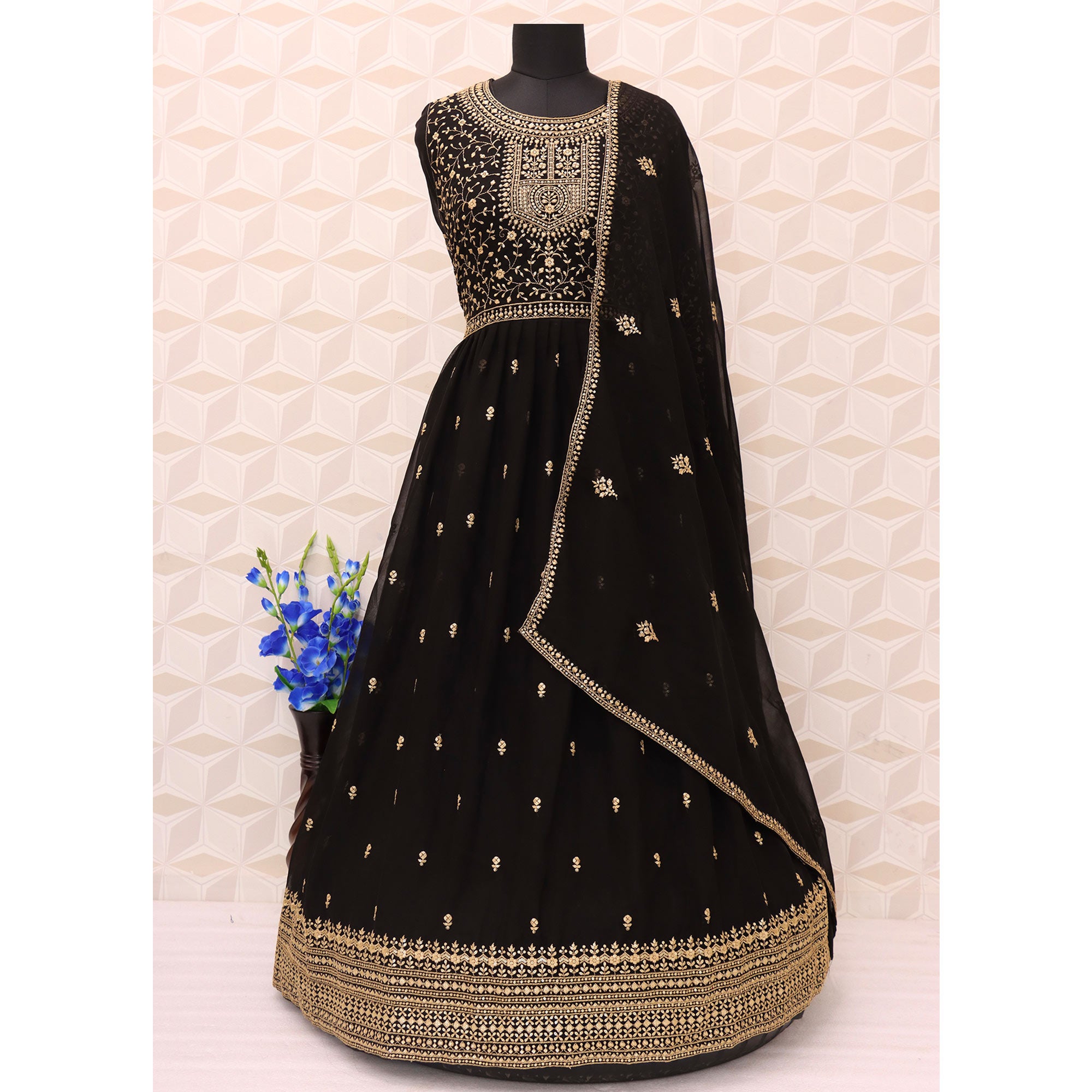 Black Floral Sequins Embroidered Georgette Semi Stitched Anarkali Suit