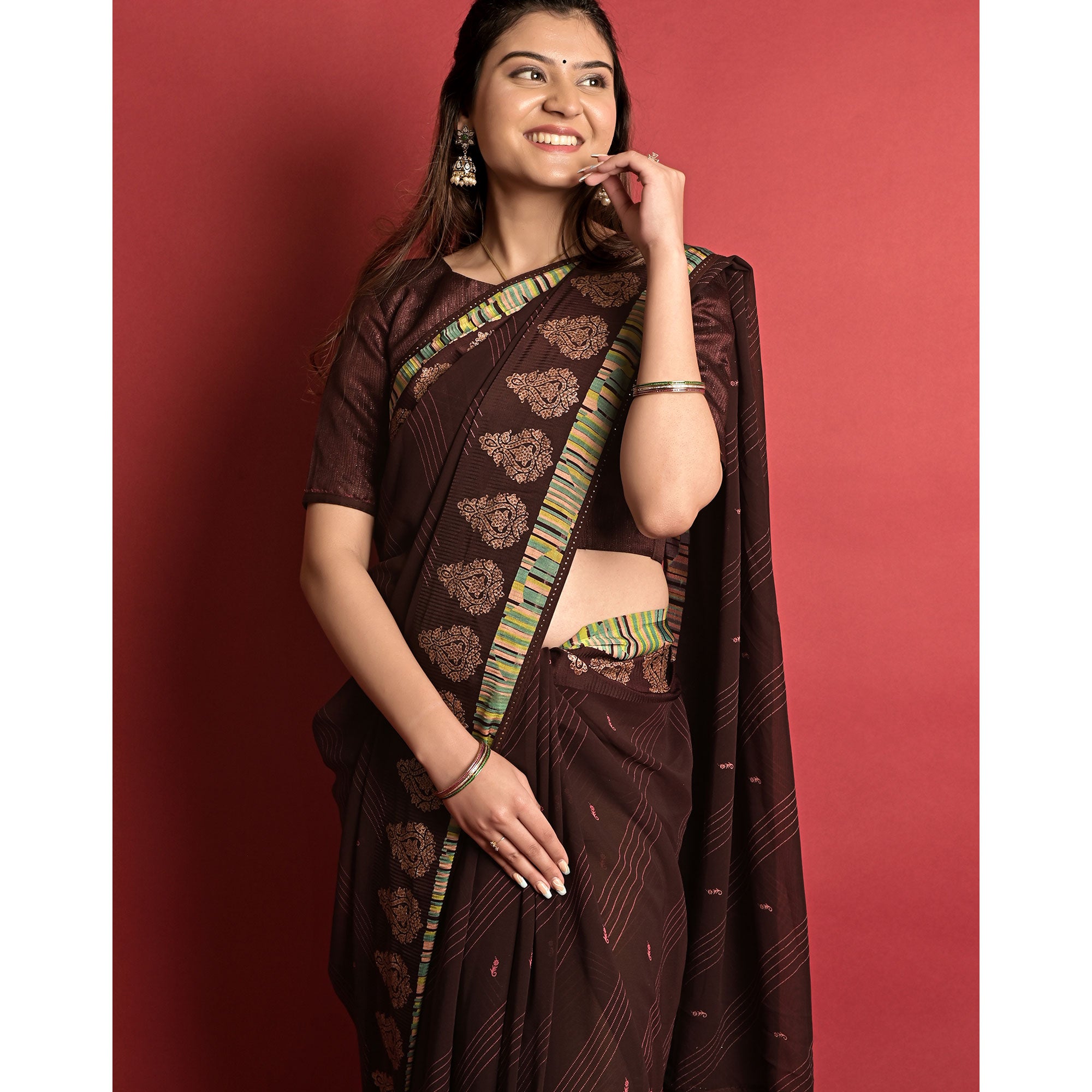 Coffee Brown Printed Georgette Saree