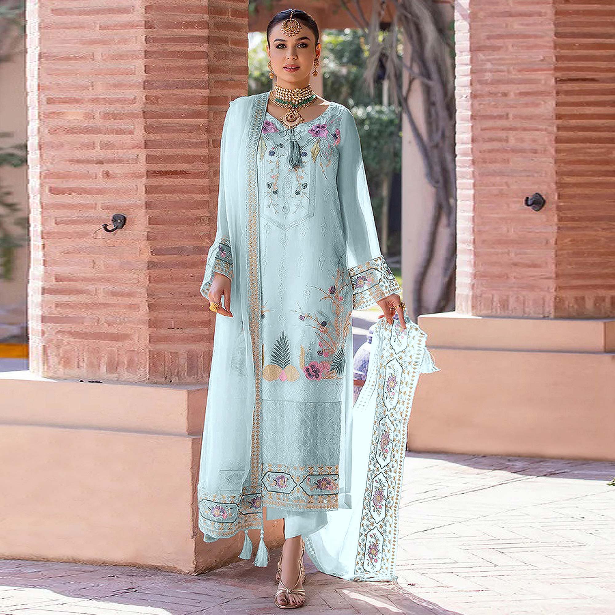 Sky Embroidered Georgette Pakistani Suit