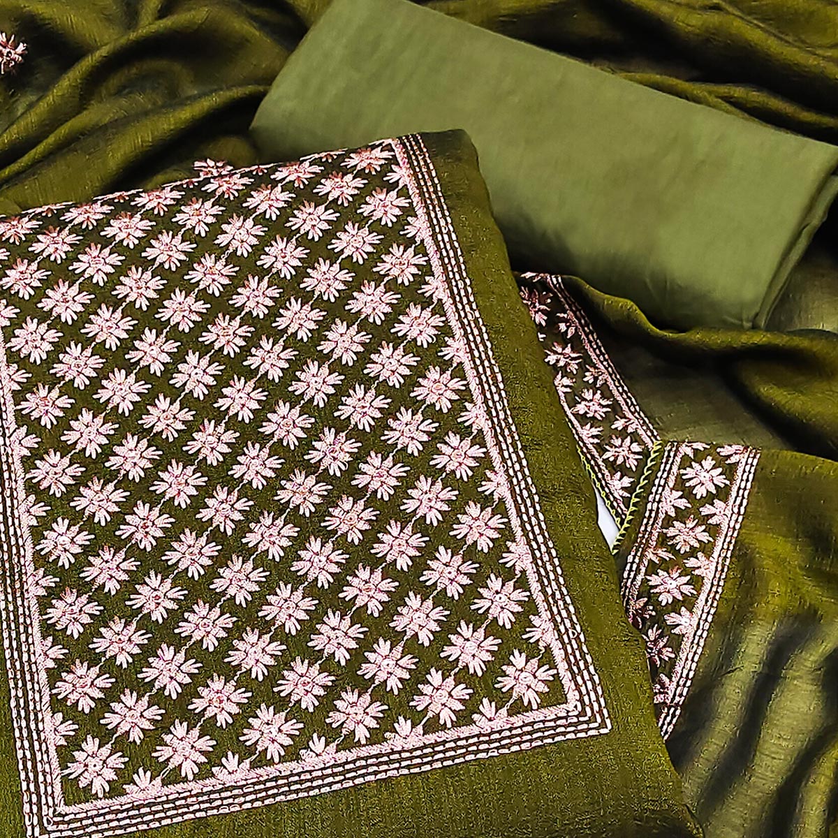 Olive Green Embroidered Modal Dress Material
