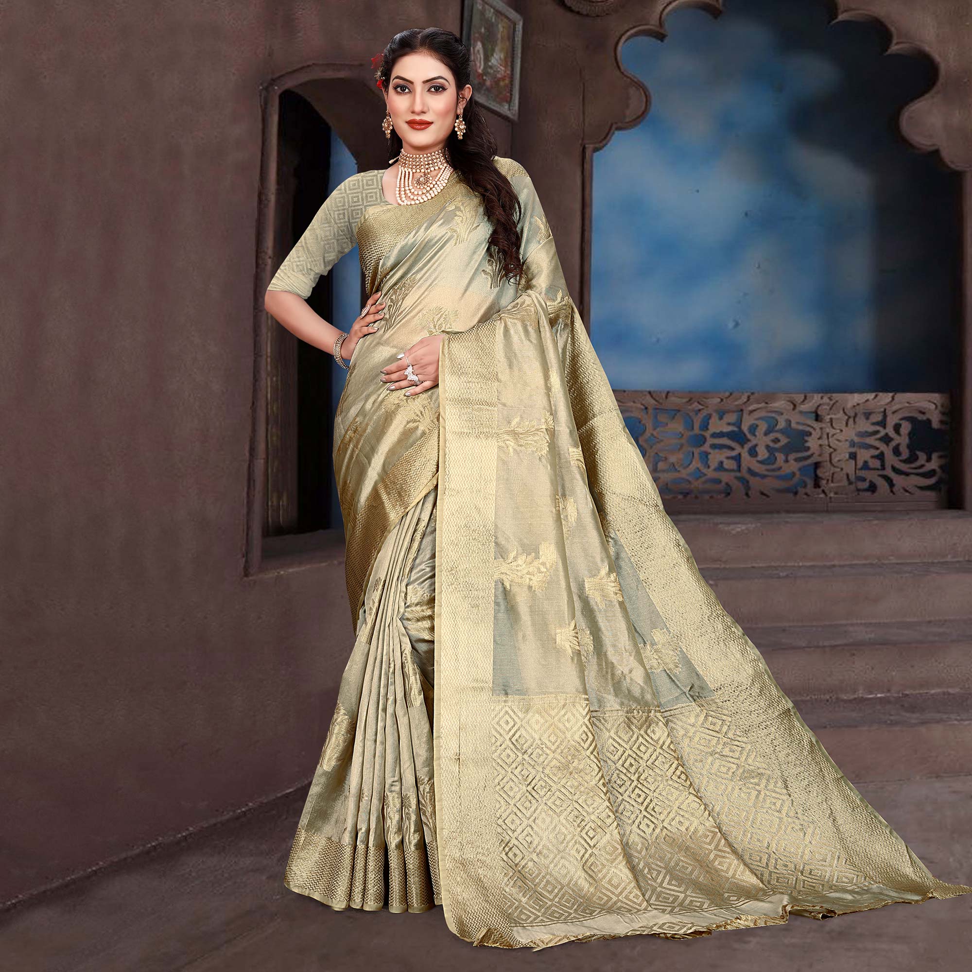 Embroidered Organza Saree in Cream : SYC10877