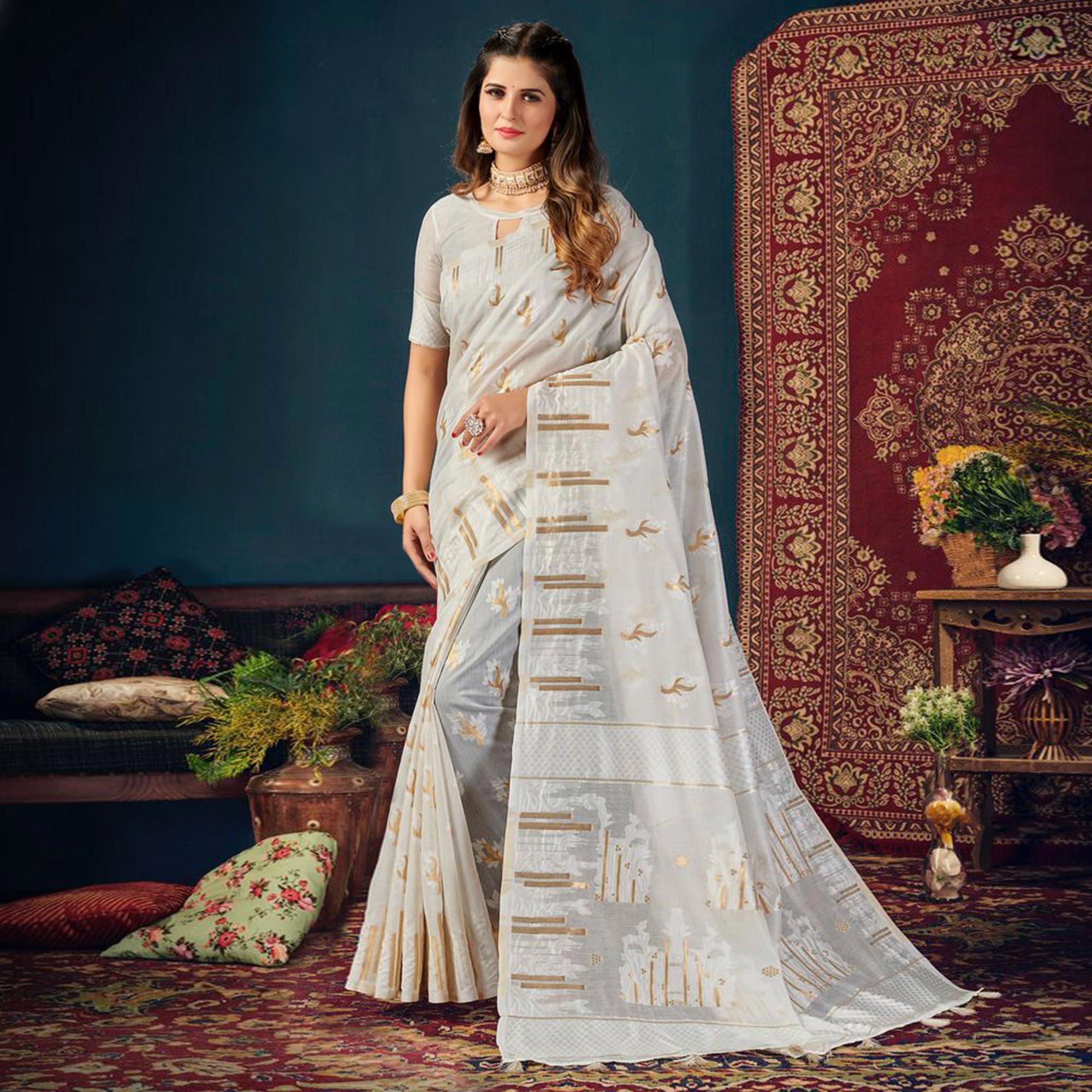 White Woven Cotton Blend Saree With Tassels