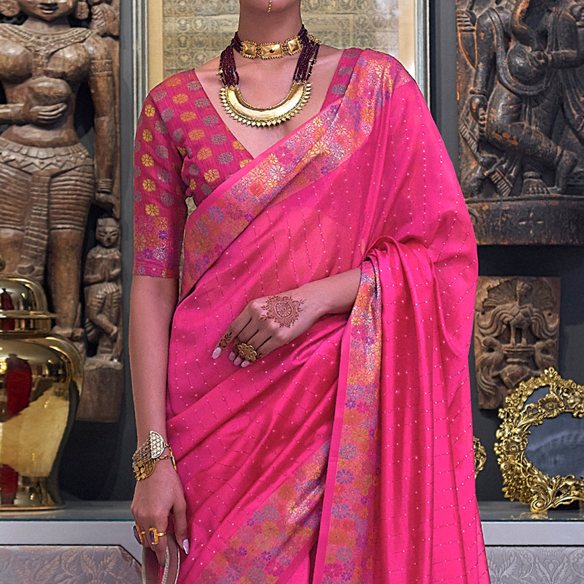 Pink Woven With Sequins Work Organza Saree