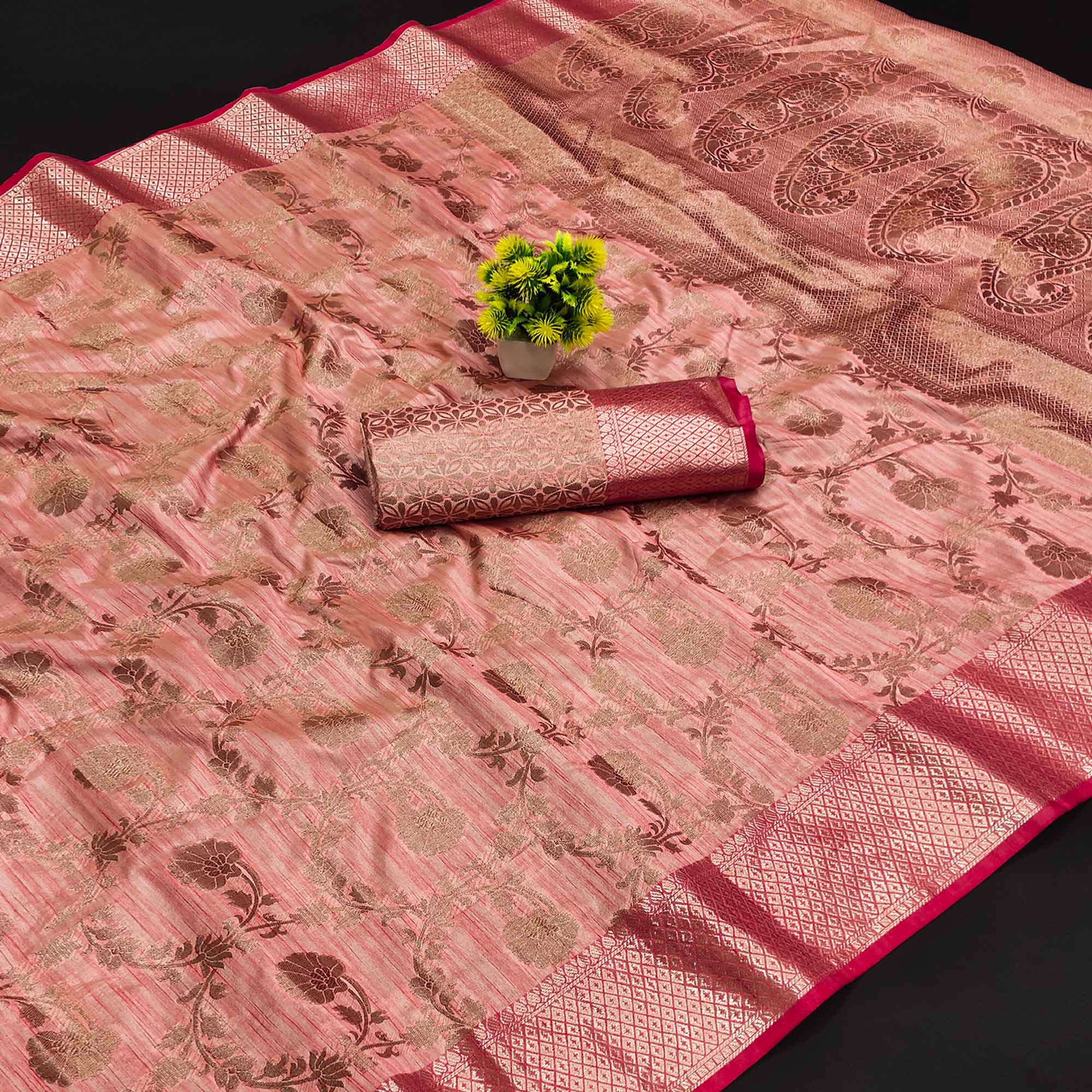 Peach Floral Woven Kanjivaram Silk Saree