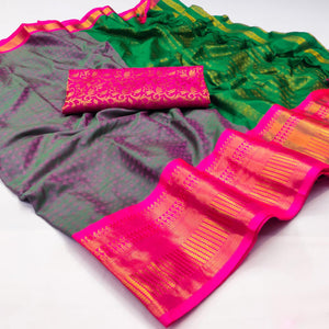 Green Woven Cotton Silk Saree With Tassels
