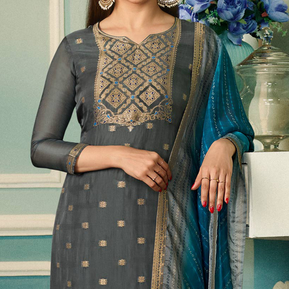 Grey Floral Woven Organza Salwar Suit