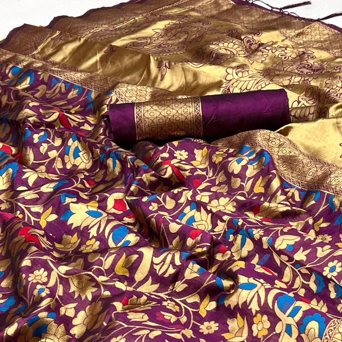 Purple Floral Woven Art Silk Saree