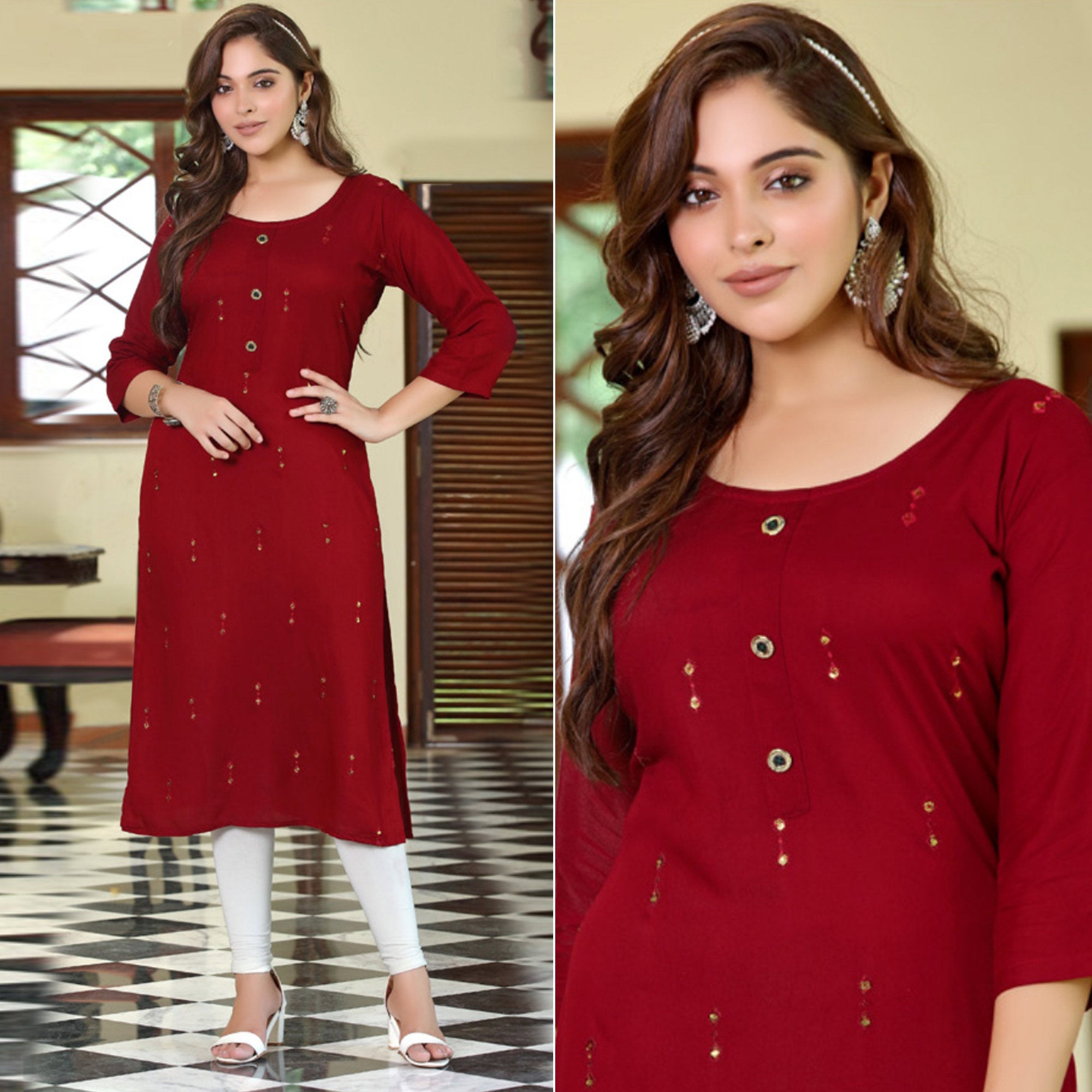 Maroon Embroidered Rayon Kurti