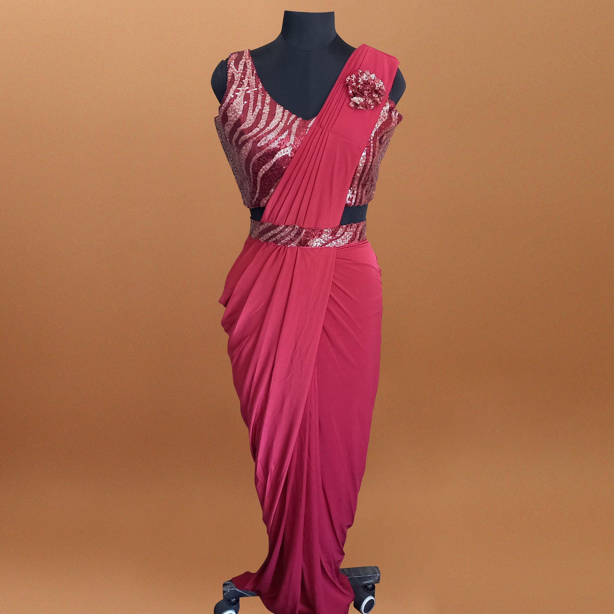 Pink Solid With Sequins Ready to Wear Lycra Saree