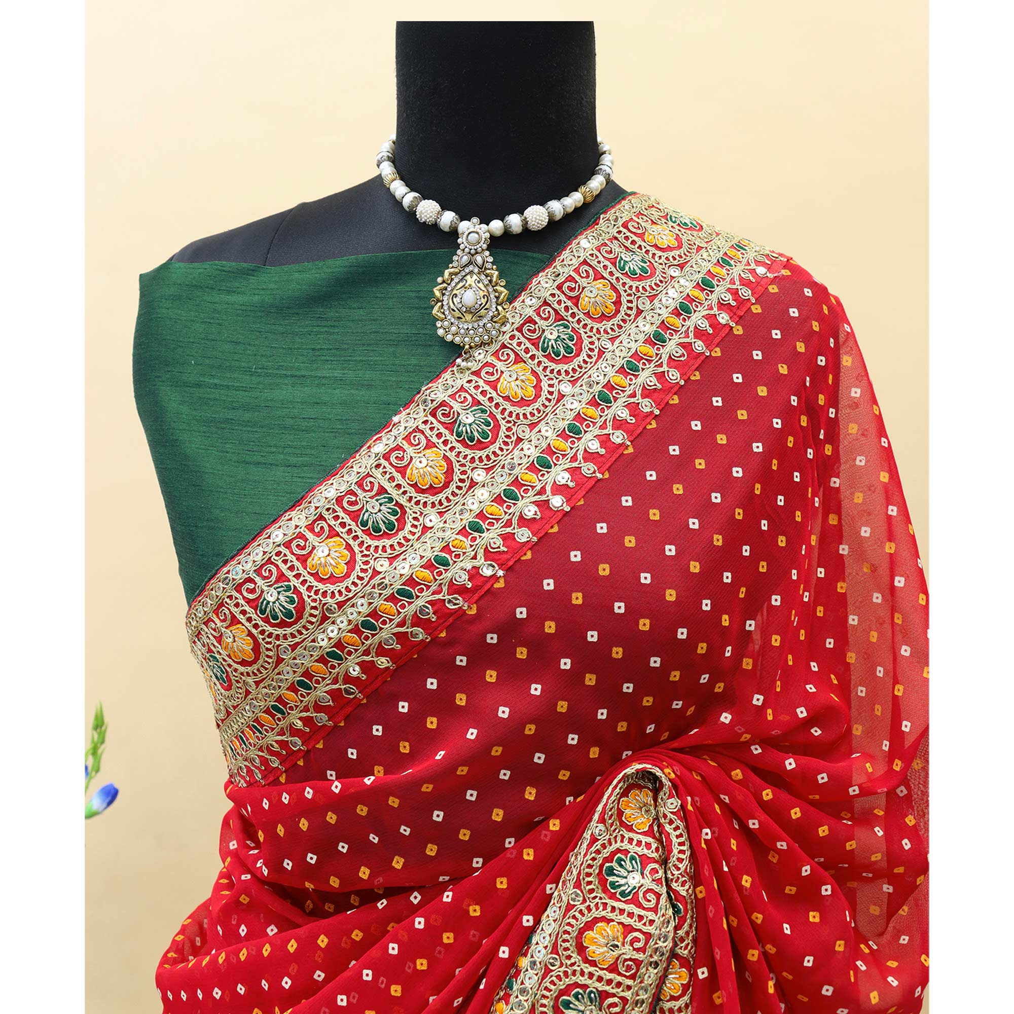 Red Bandhani Printed With Embroidered Border Georgette Saree