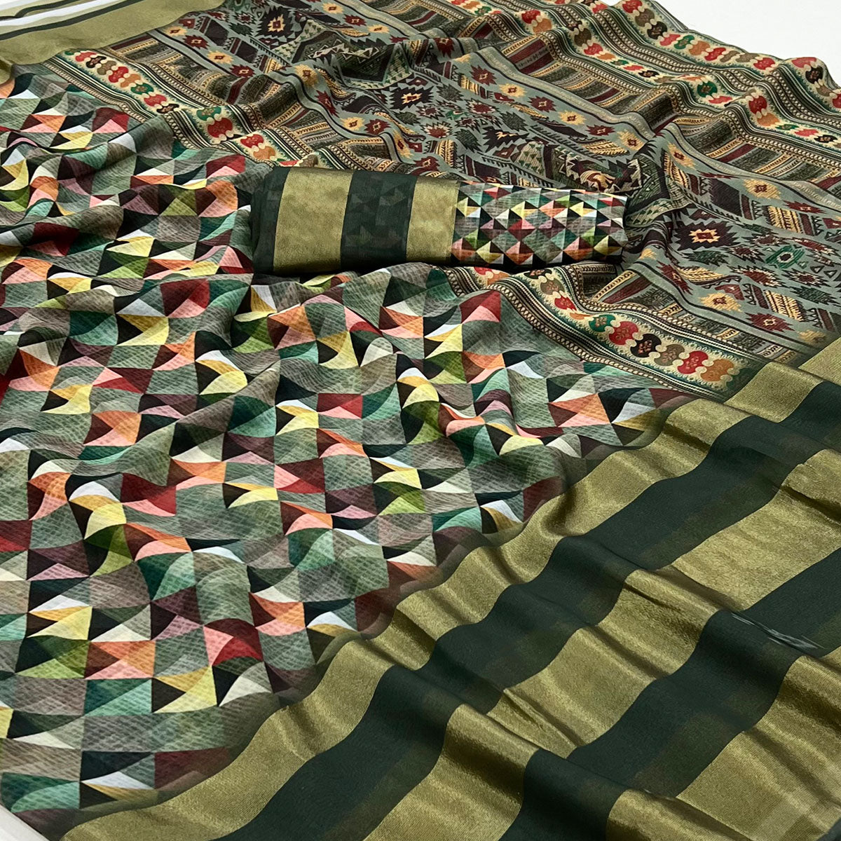 Olive Green Digital Printed Viscose Saree