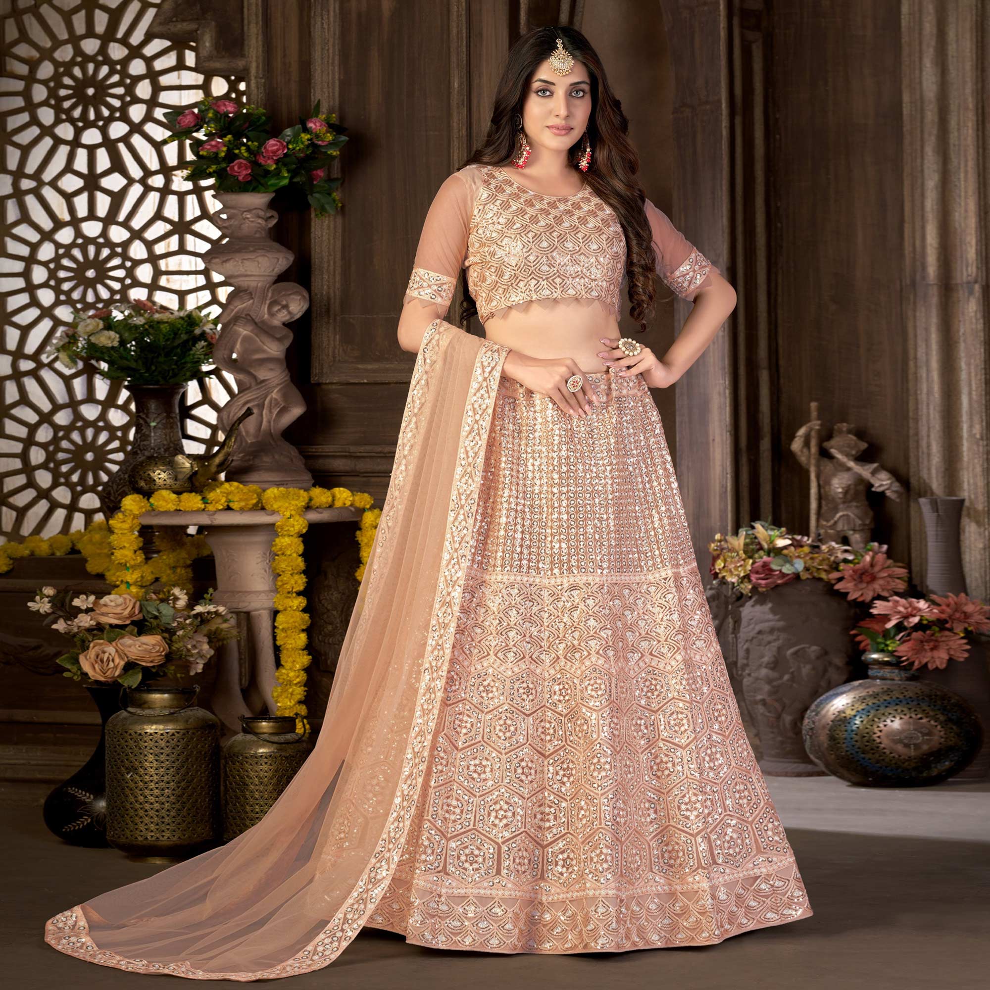 Brown Sequins Embroidered Netted Lehenga Choli