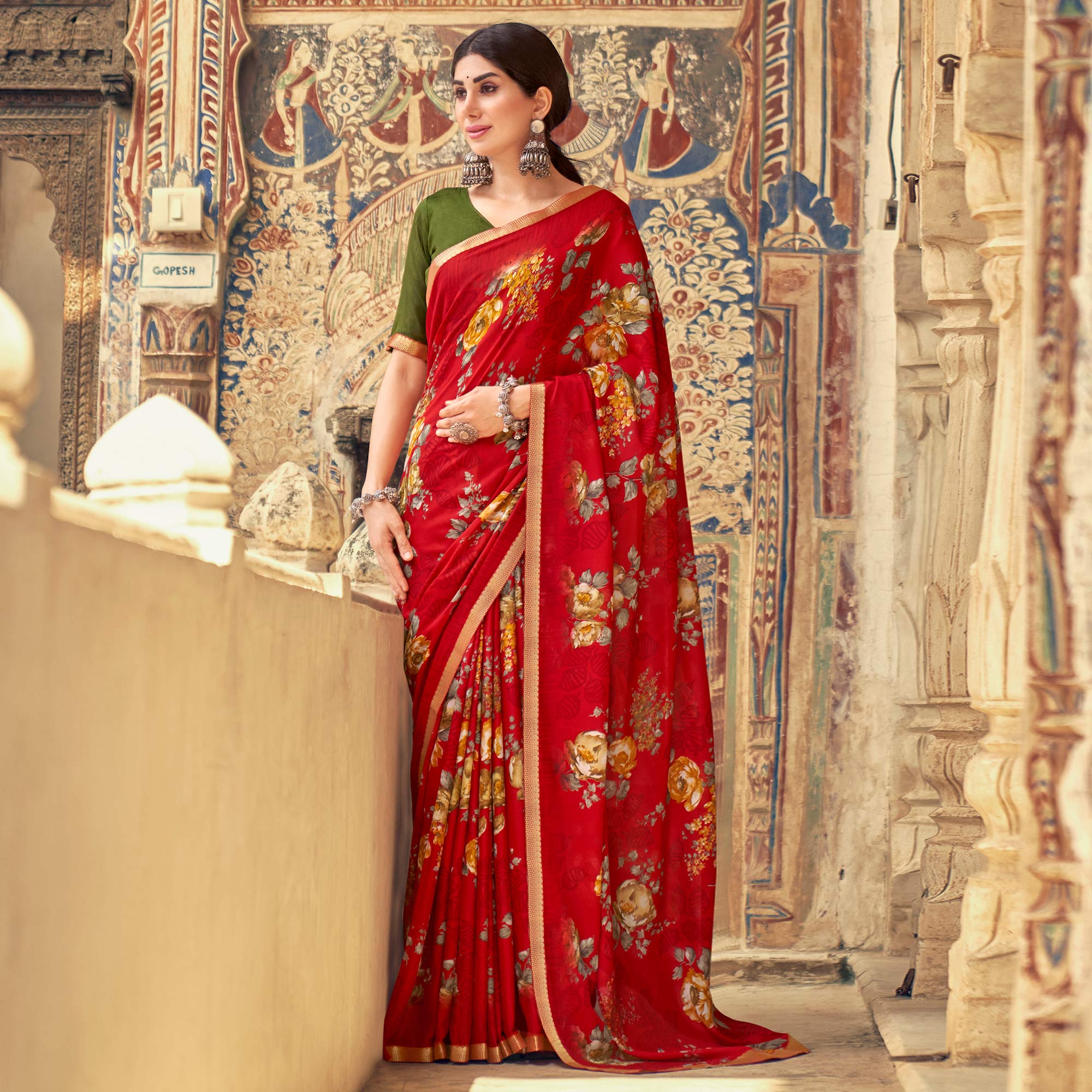 Red Floral Printed Chiffon Saree