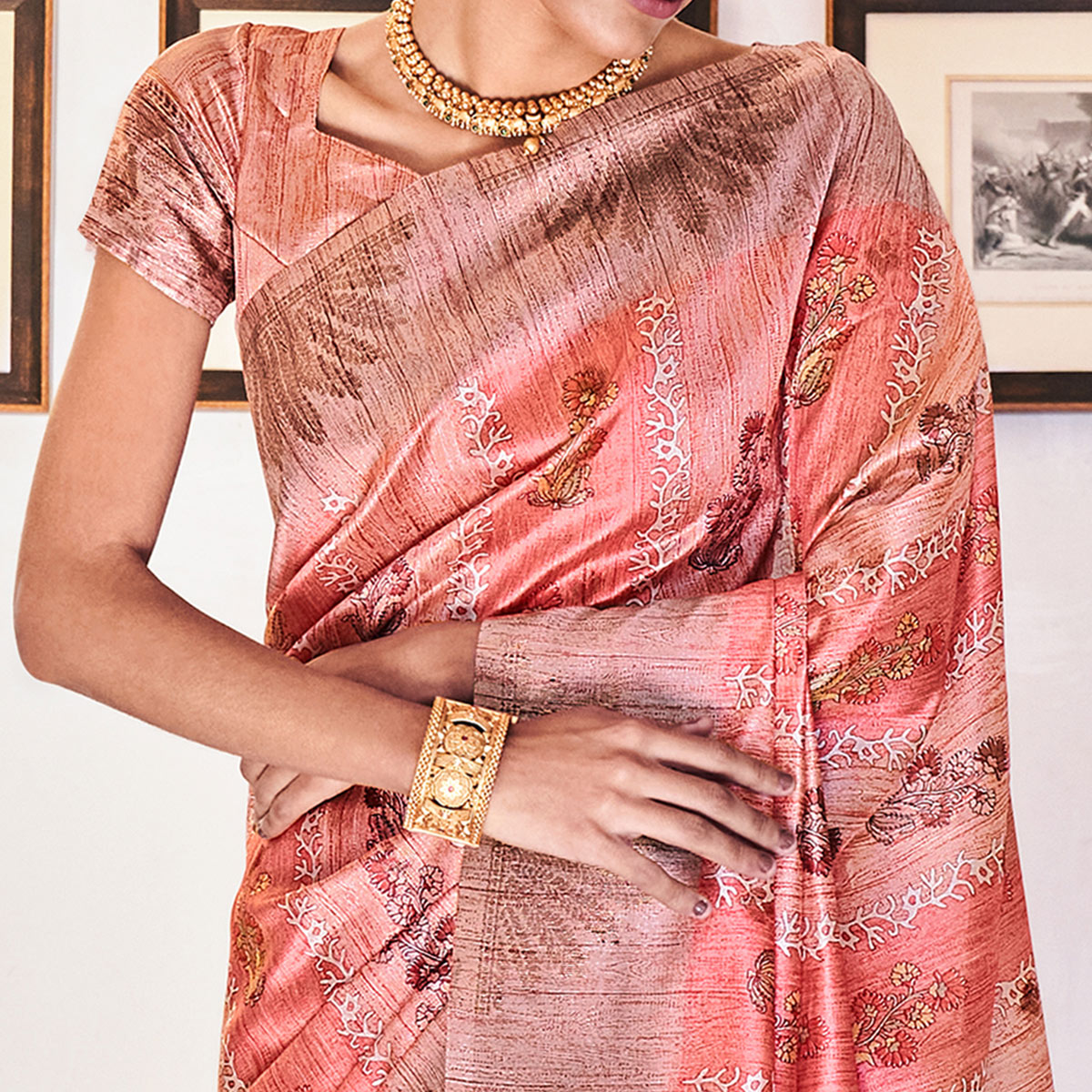 Peach Digital Printed Raw Silk Saree With Tassels