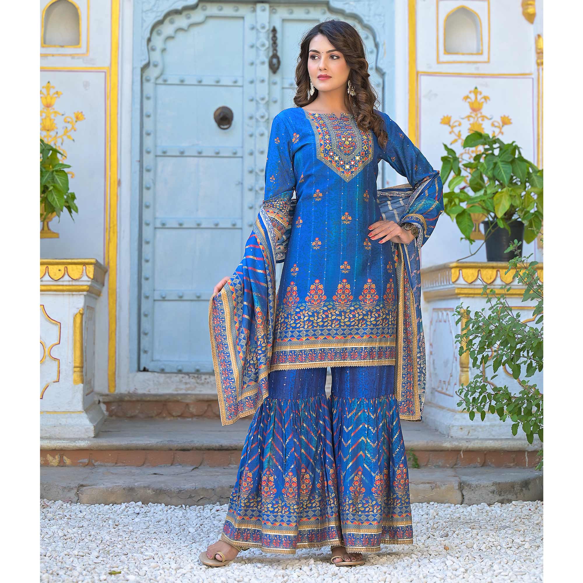 Blue Embroidery With Printed Muslin Sharara Suit