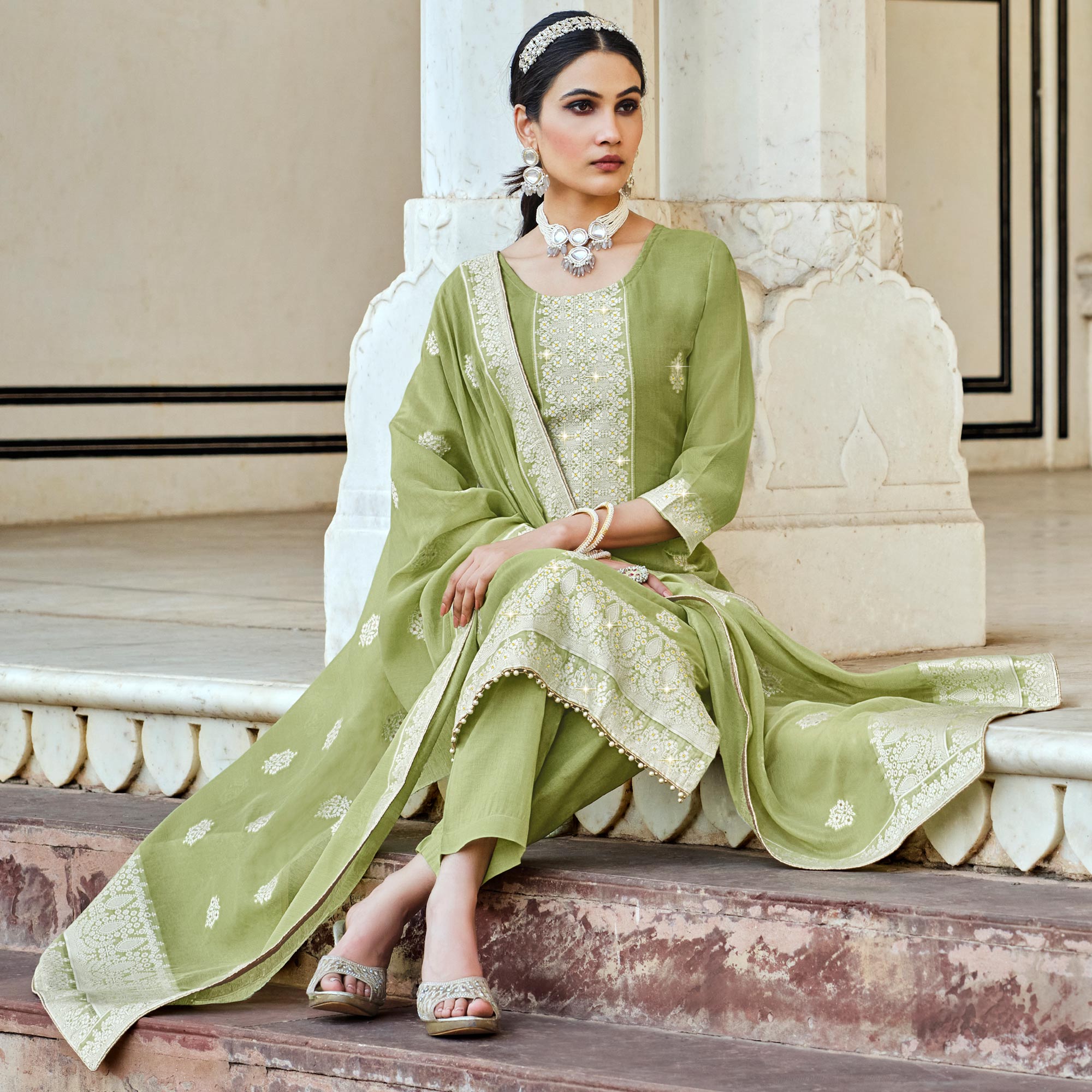 Green Woven Pure Cotton Suit