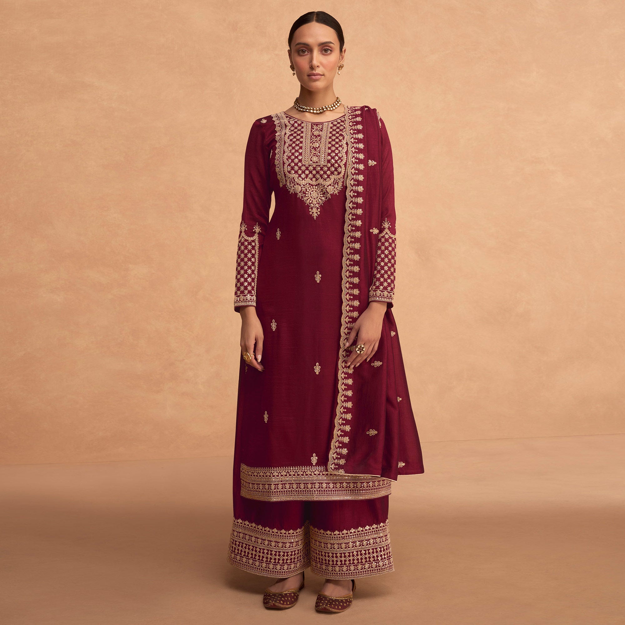 Red Sequins Embroidered Georgette Palazzo Suit