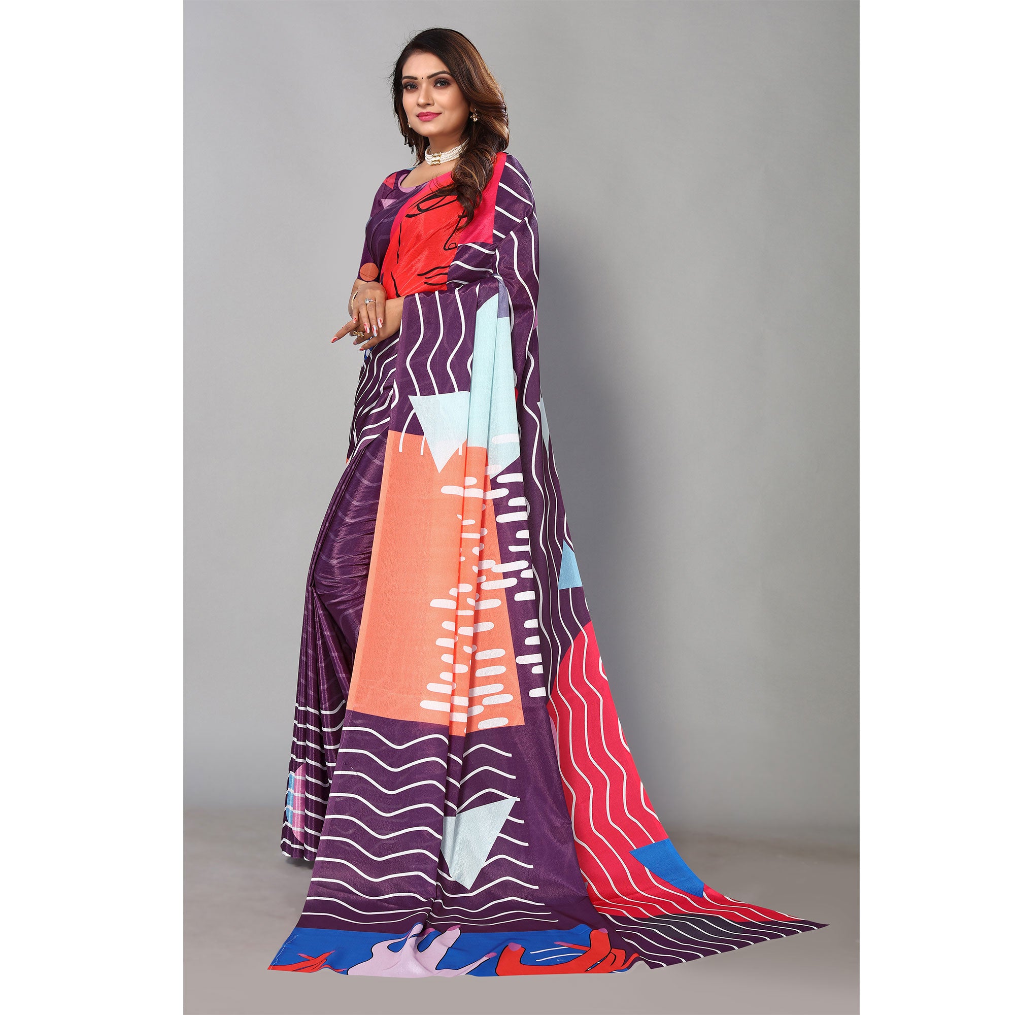 Wine Digital Printed Chiffon Saree