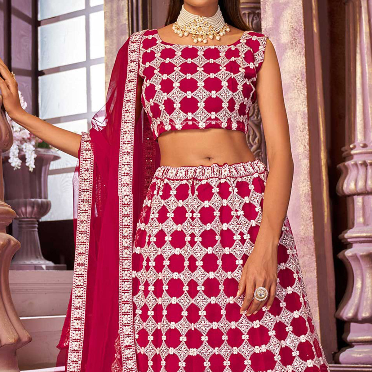 Rani Pink Floral Sequins Embroidered Net Lehenga Choli