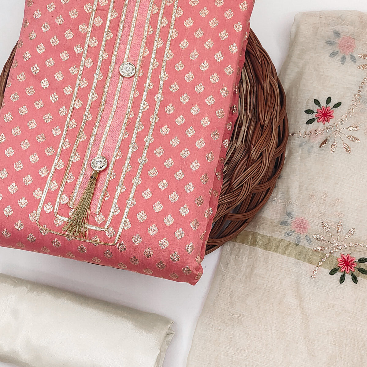 Peach Woven Chanderi Dress Material