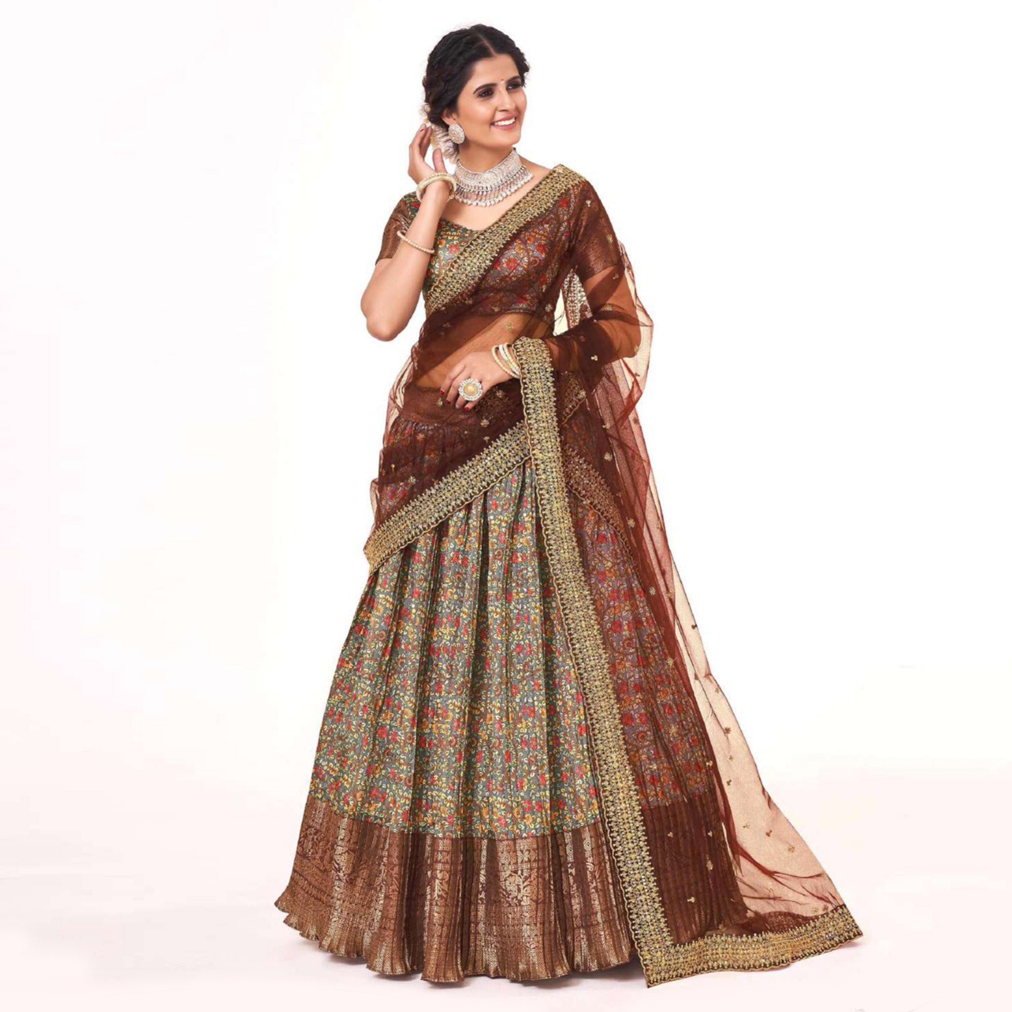 Grey Digital Printed With Zari Work Art Silk Lehenga Choli