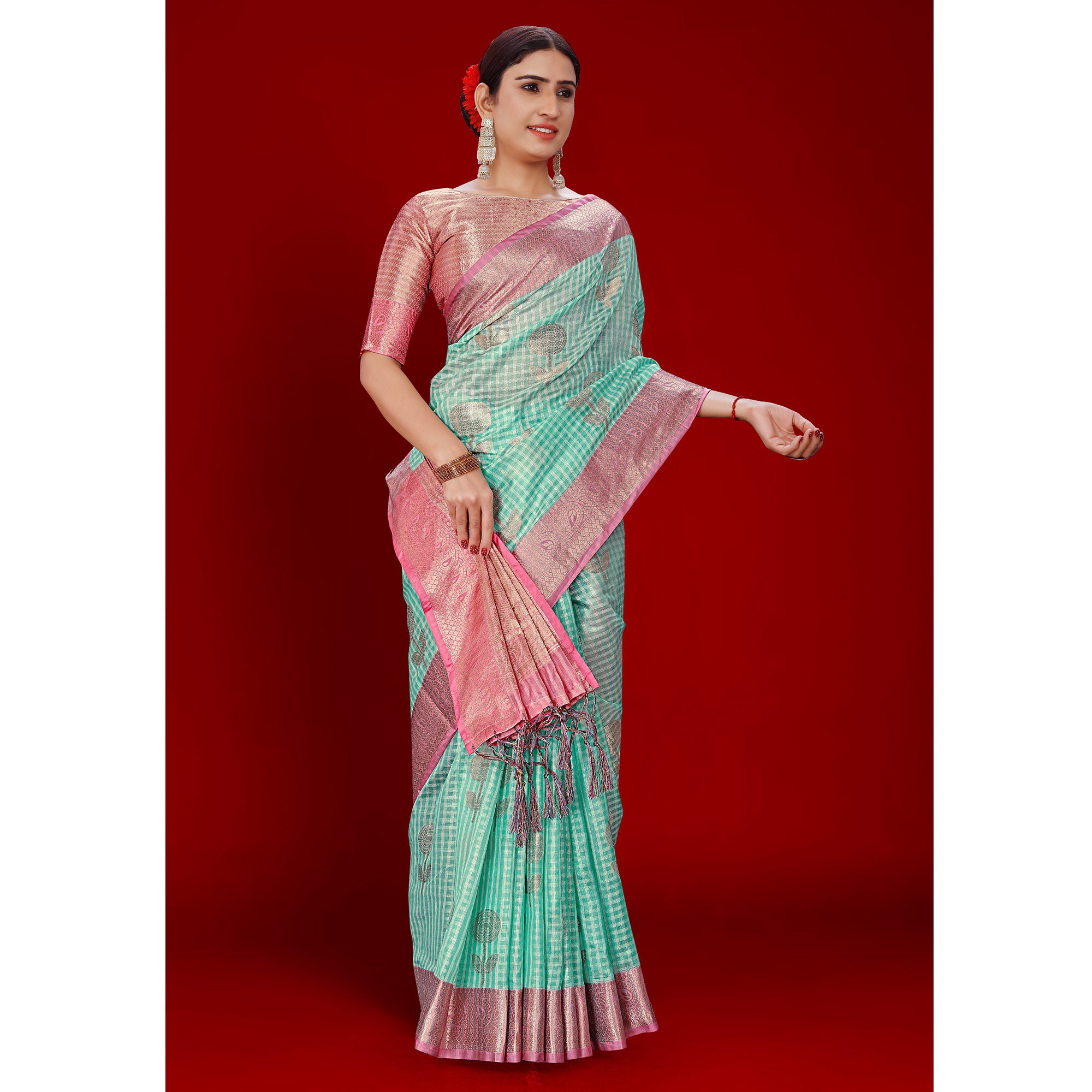 Turquoise Floral Woven Organza Saree With Tassels