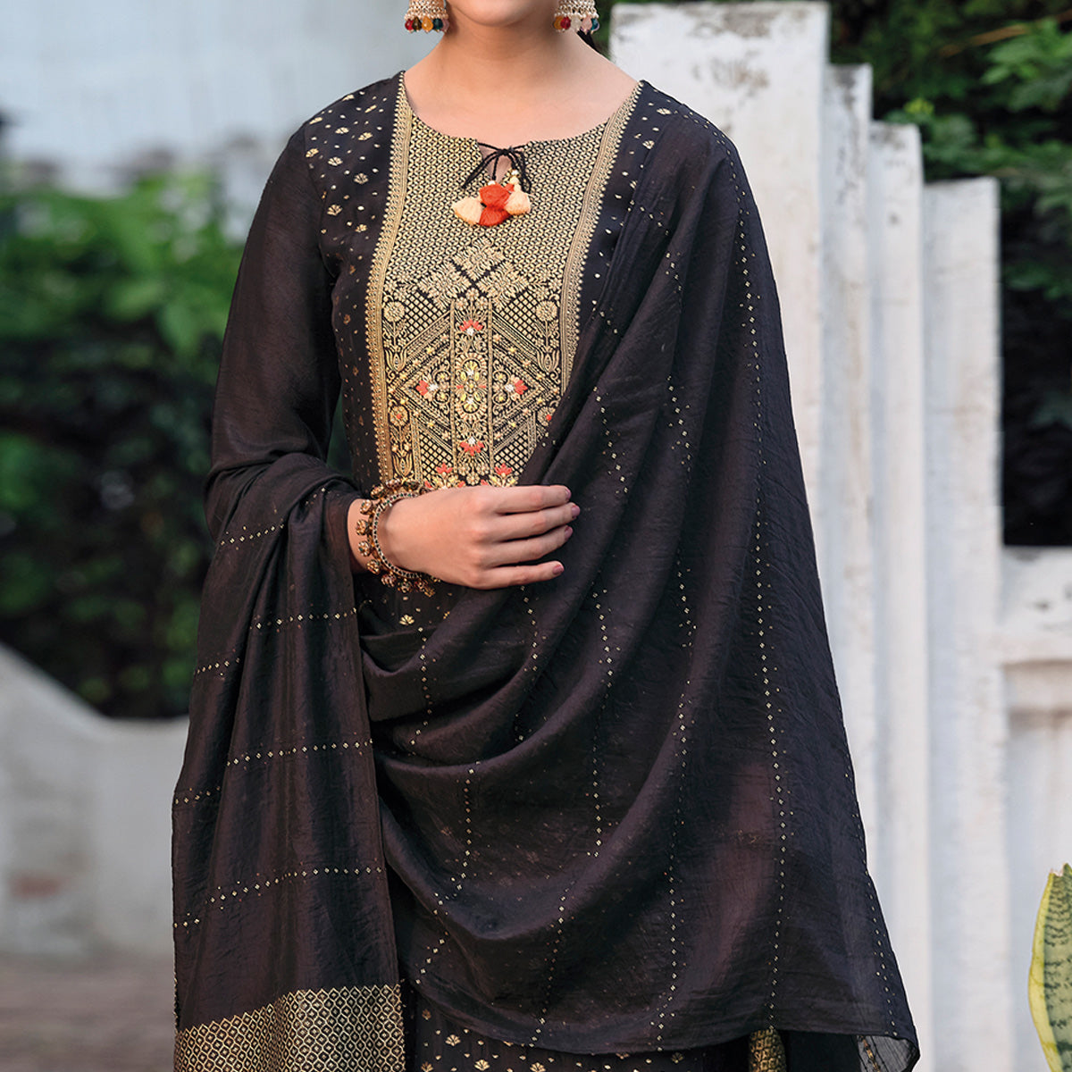 Black Floral Woven Muslin Salwar Suit