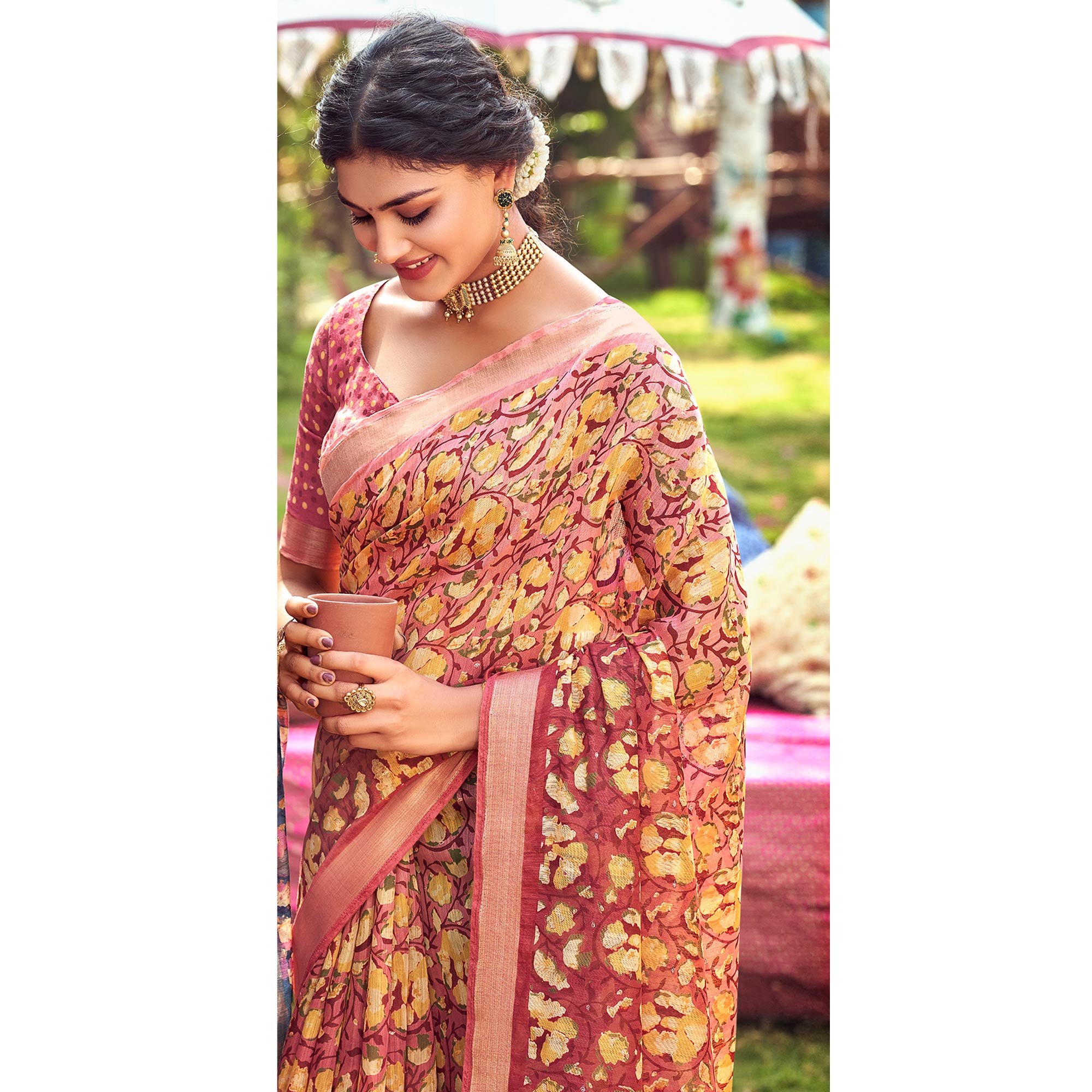 Rust Floral Printed With Woven Border Linen Saree