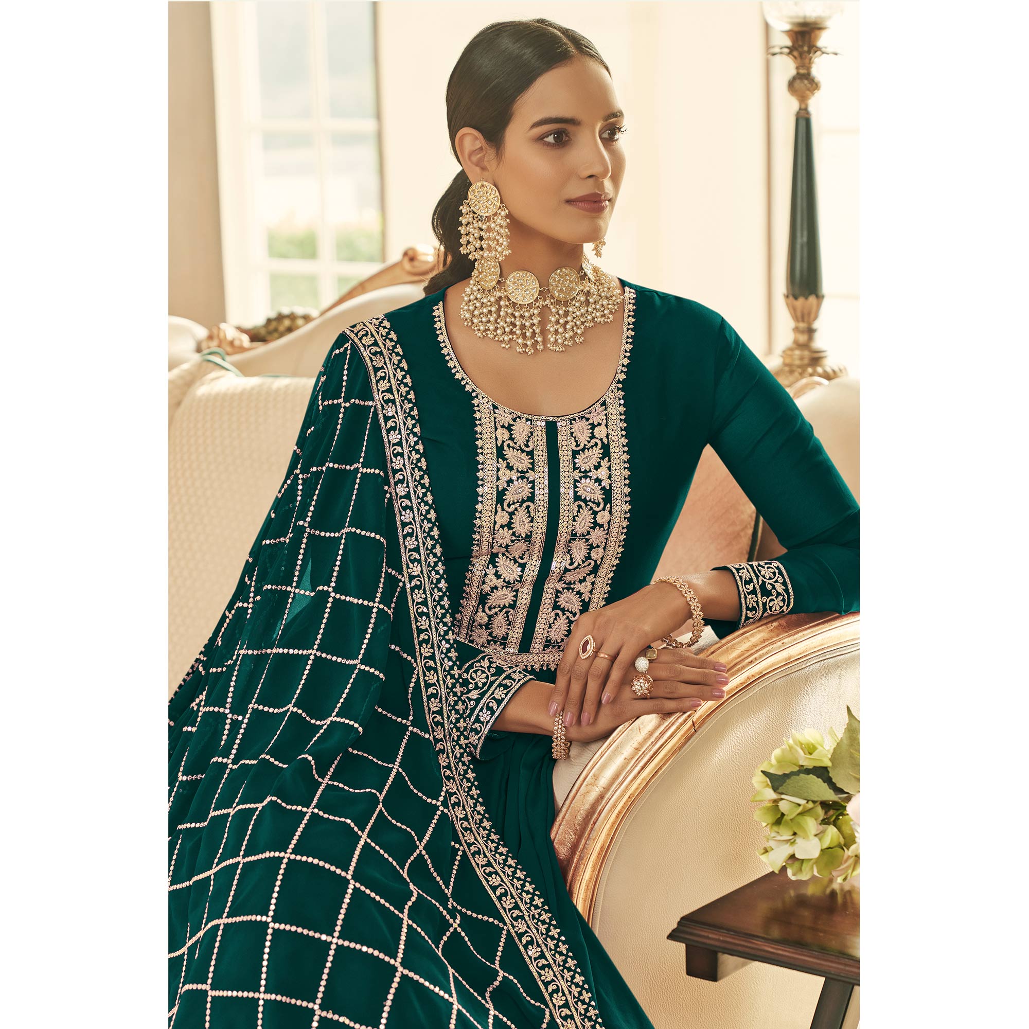 Bottle Green Embroidered Georgette Gown