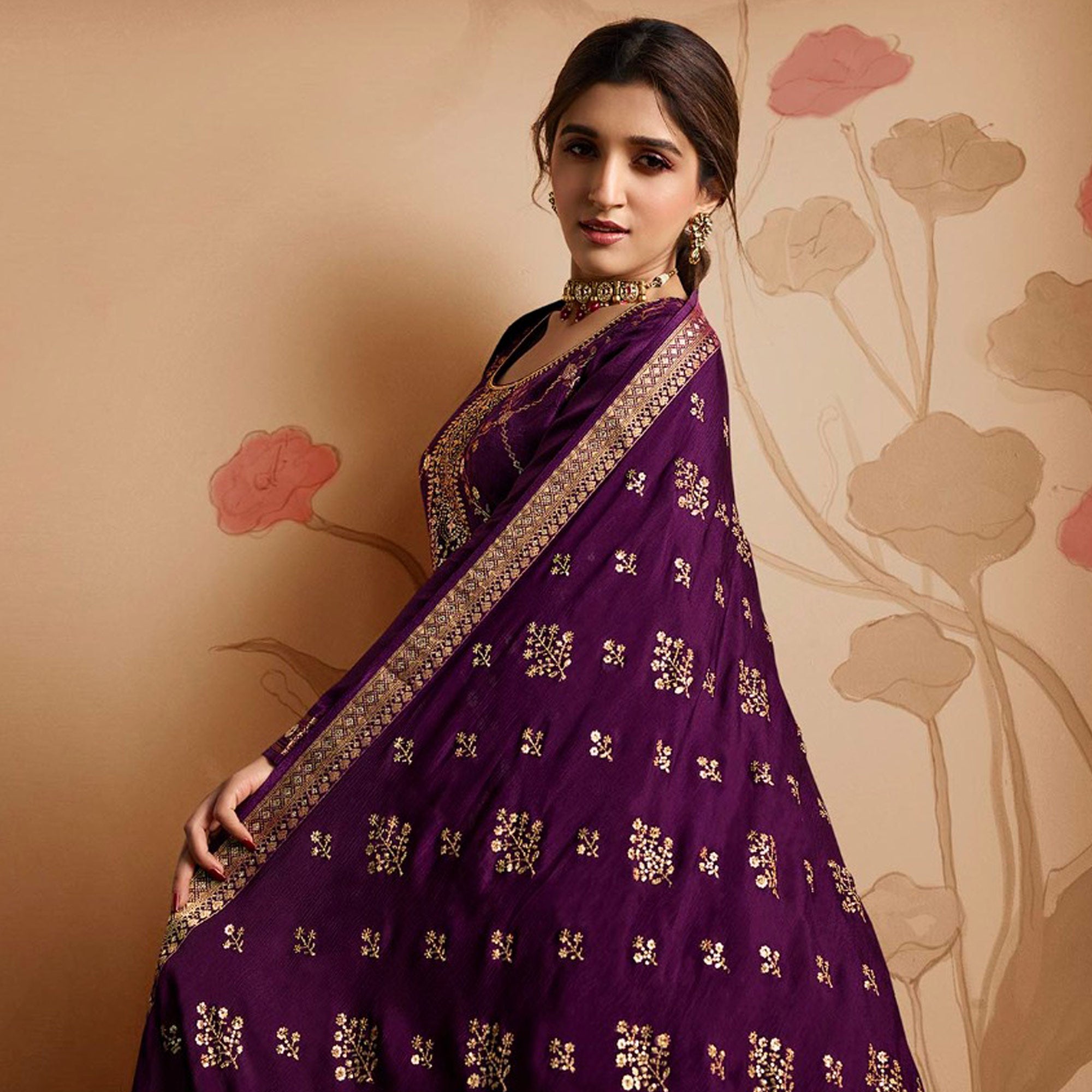 Purple Woven And Embroidered Dola Silk Palazzo Suit
