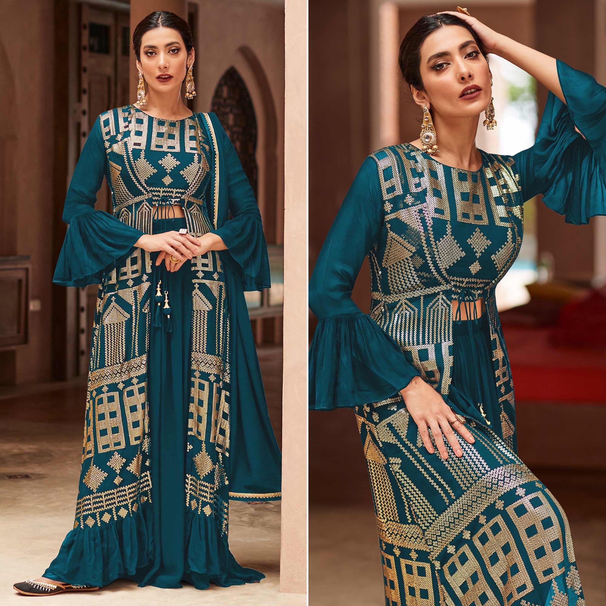 Aqua Blue Sequins Embroidered Georgette Sharara Choli With Jacket