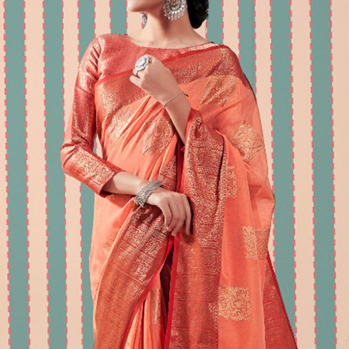 Peach Woven Linen Saree With Tassels