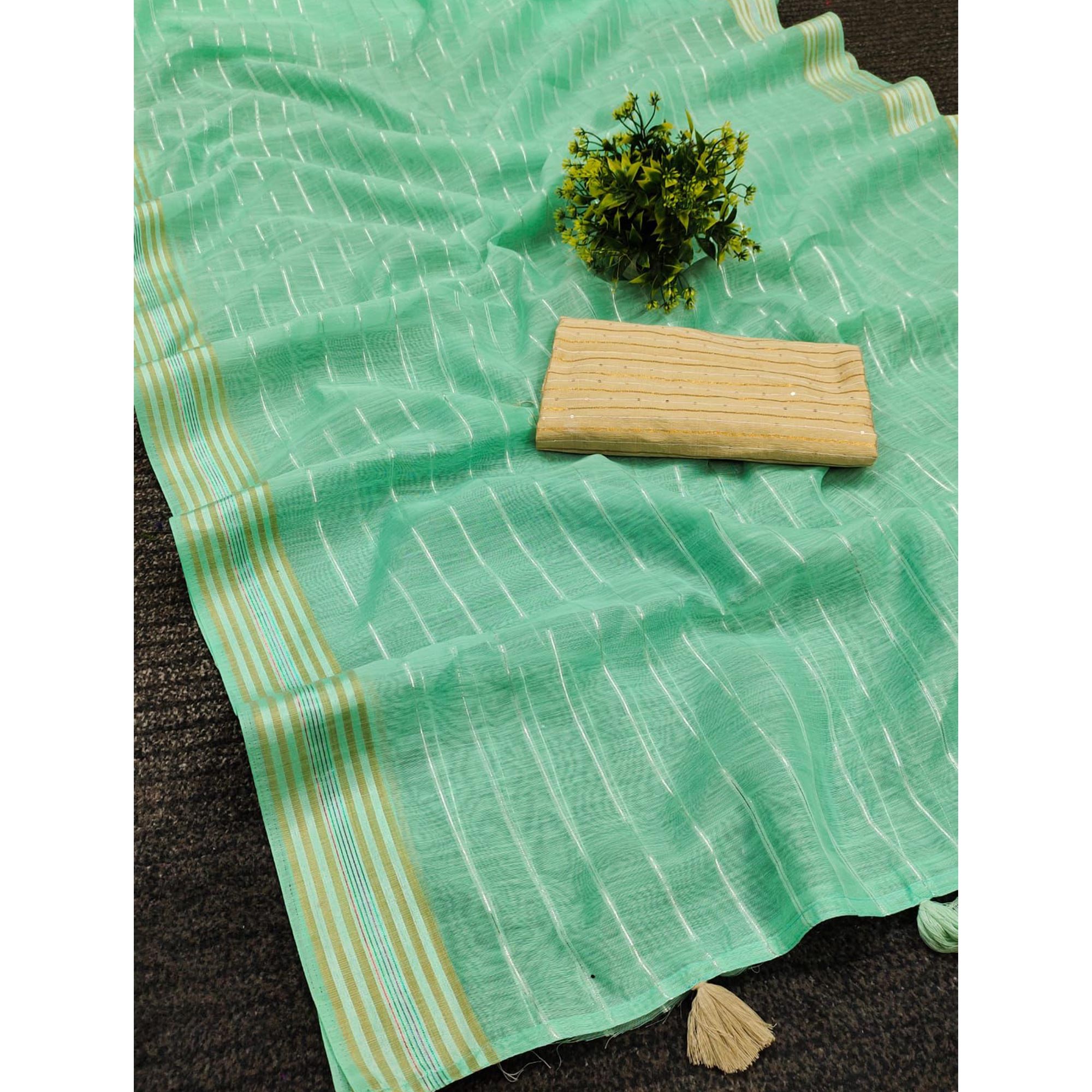 Sea Green Woven Linen Saree