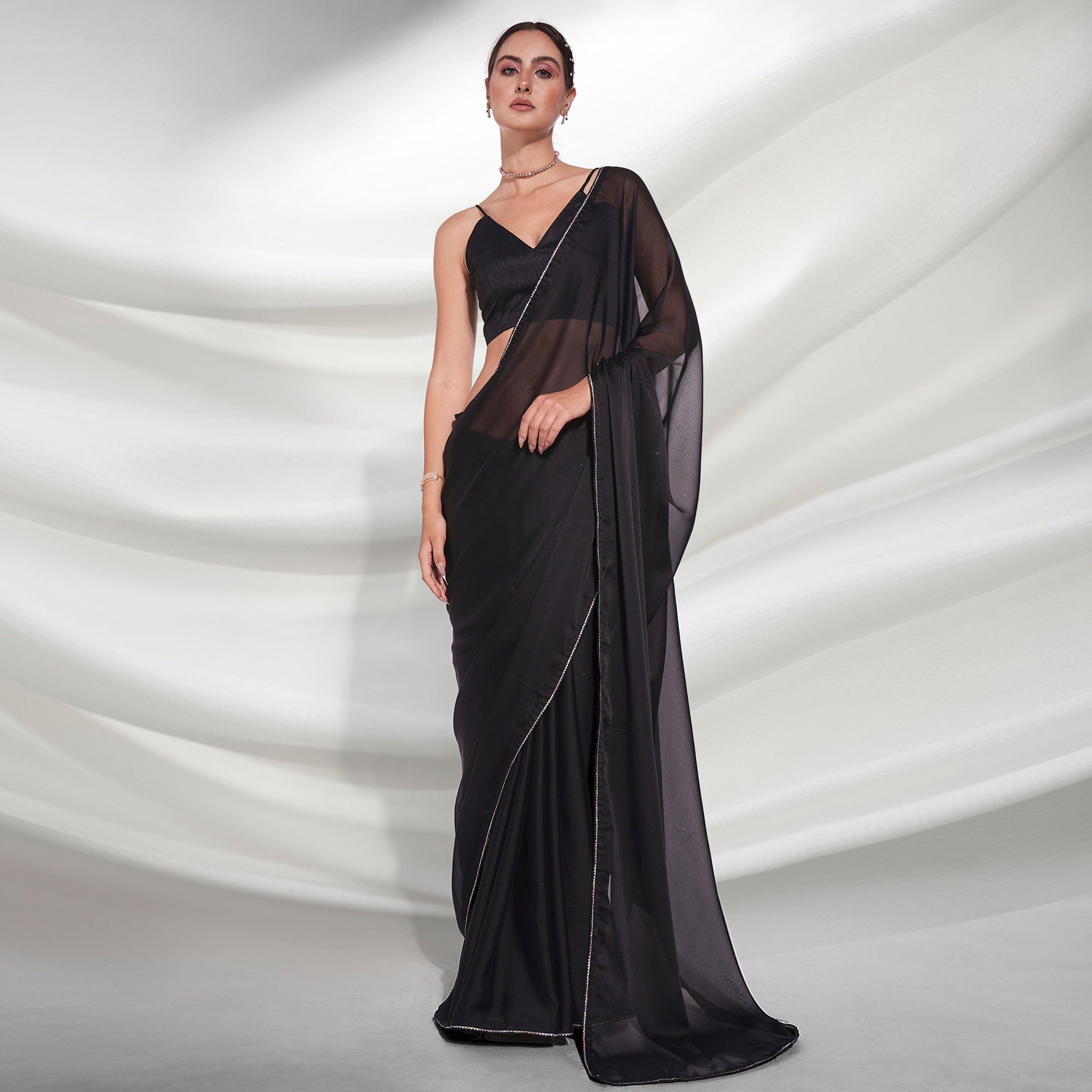 Black Solid Georgette Saree With Fancy Border