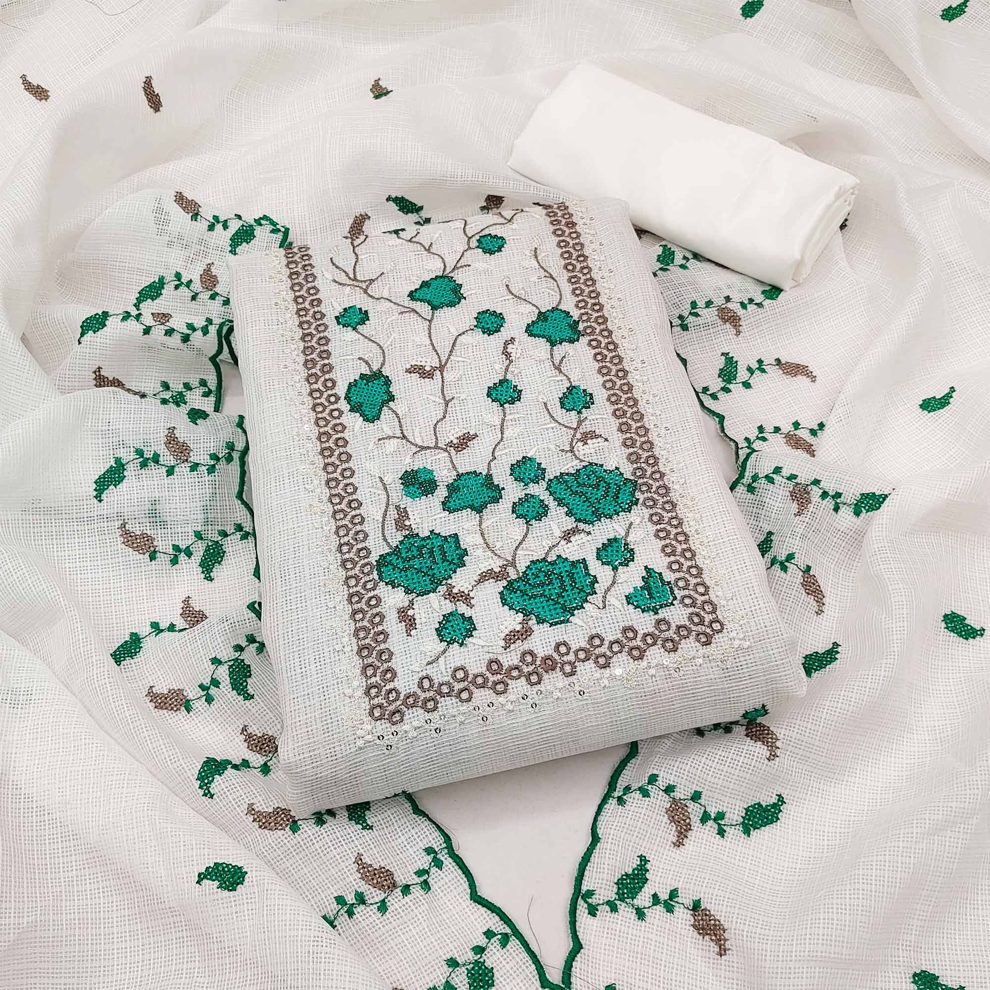 White & Green Floral Embroidered Kota Doria Dress Material