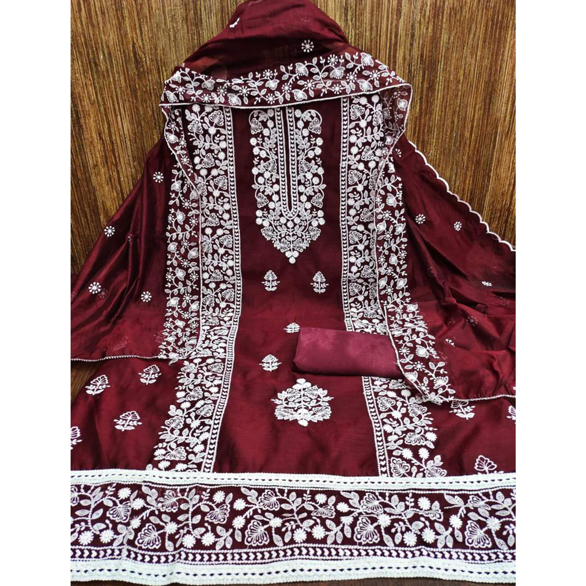 Maroon Floral Embroidered Chanderi Dress Material