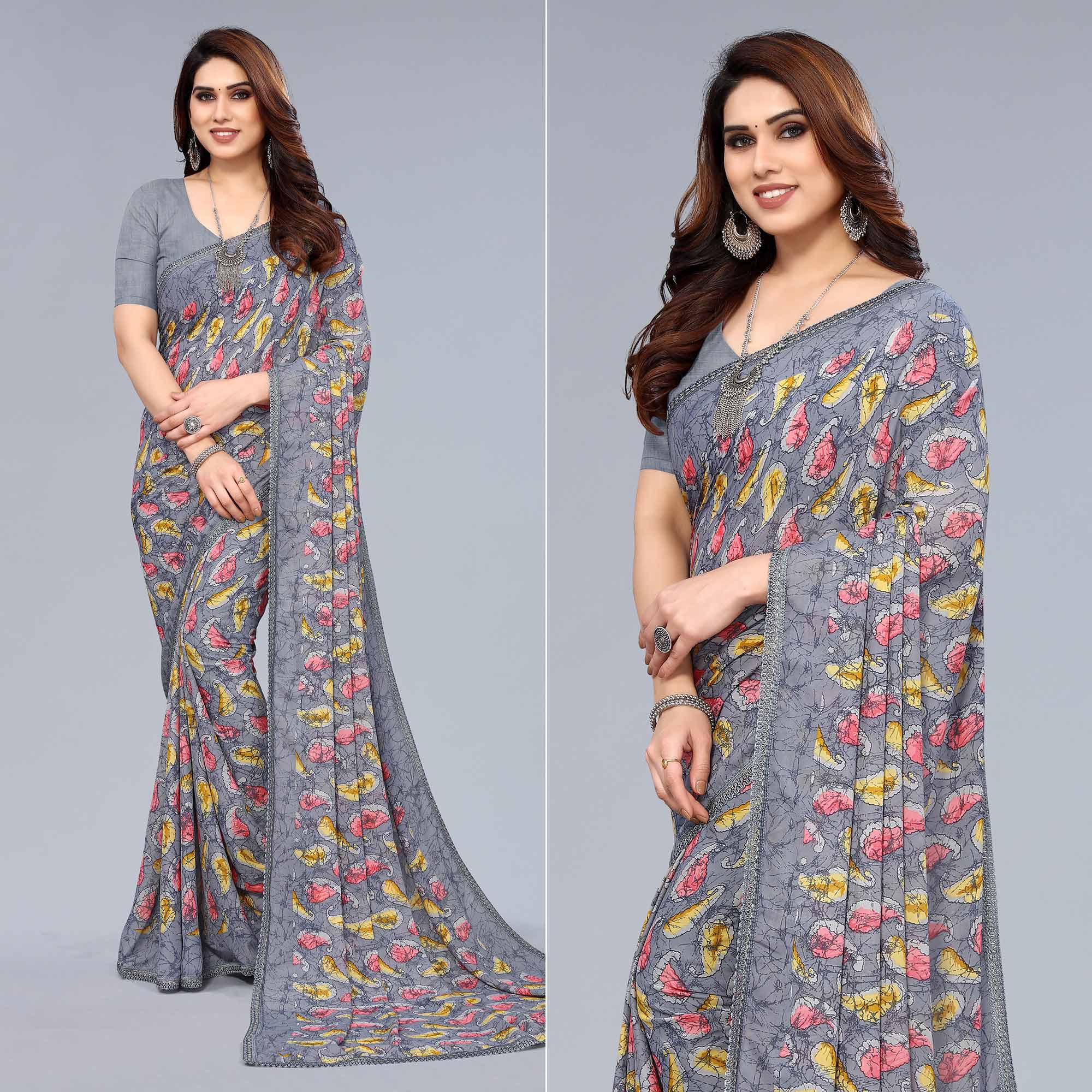 Grey Printed Georgette Saree With Crochet Border