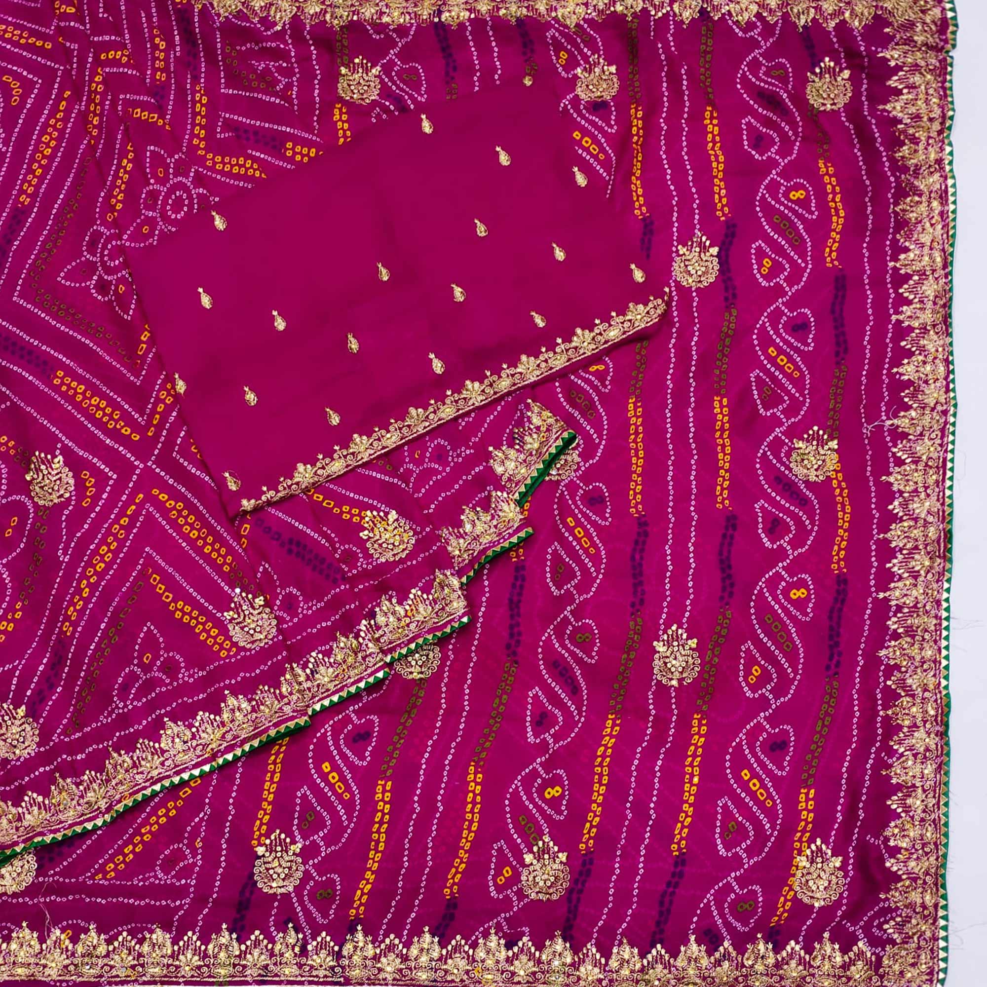 Rani Pink Embroidered With Bandhani Printed Georgette Saree