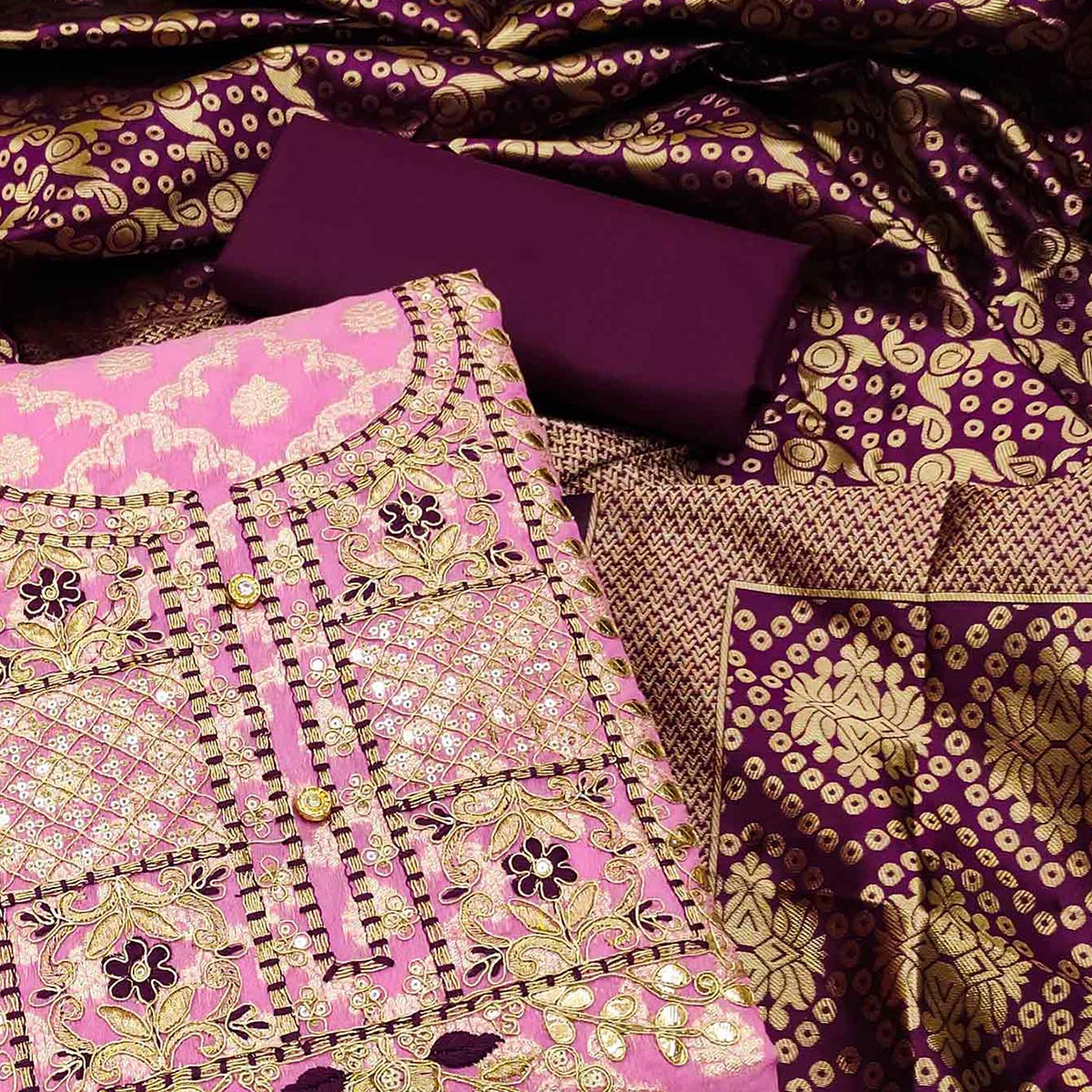 Pink Woven With Embroidered Chanderi Dress Material