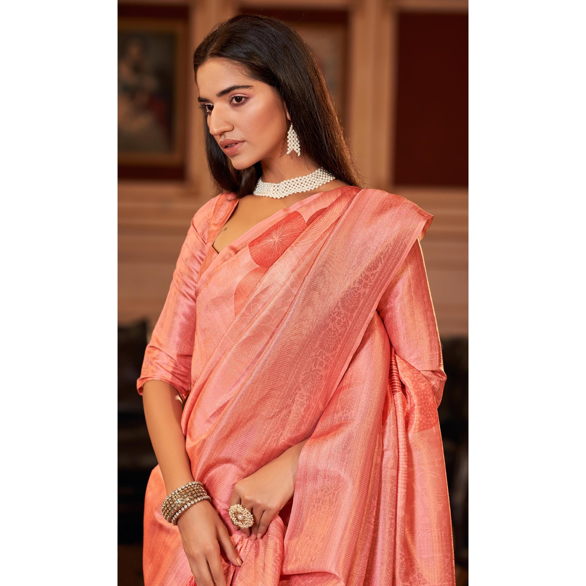 Salmon Pink Woven Jacquard Saree With Tassels